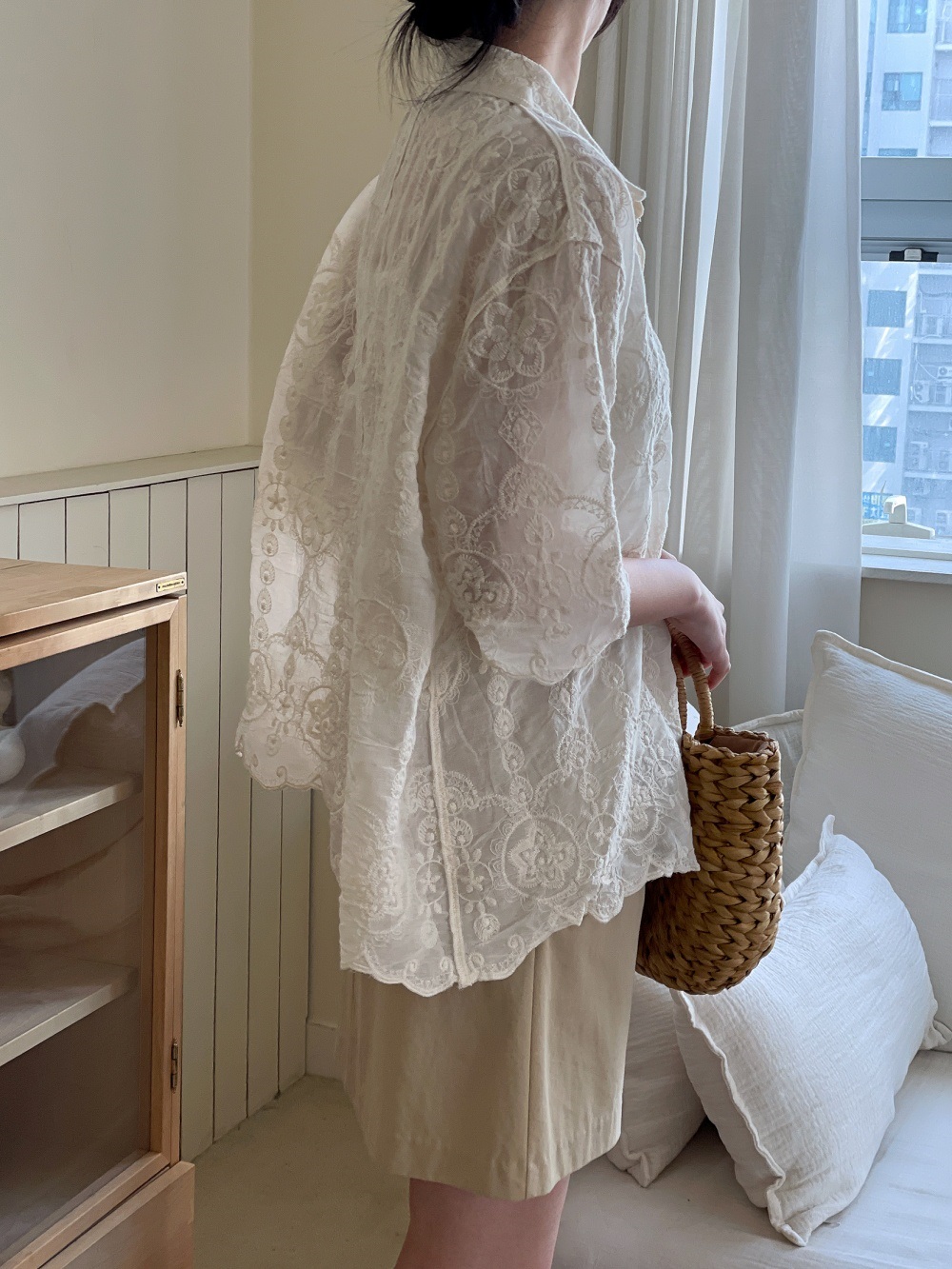 レースコットンボタンカラールーズ半袖ビッグブラウス | 詳細画像4