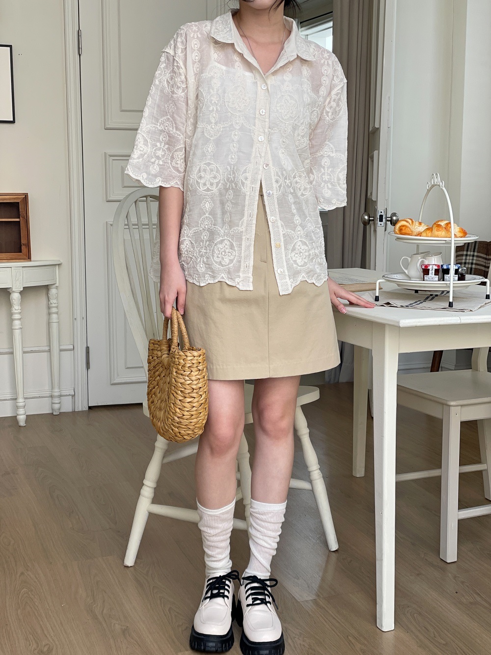 レースコットンボタンカラールーズ半袖ビッグブラウス | 詳細画像5