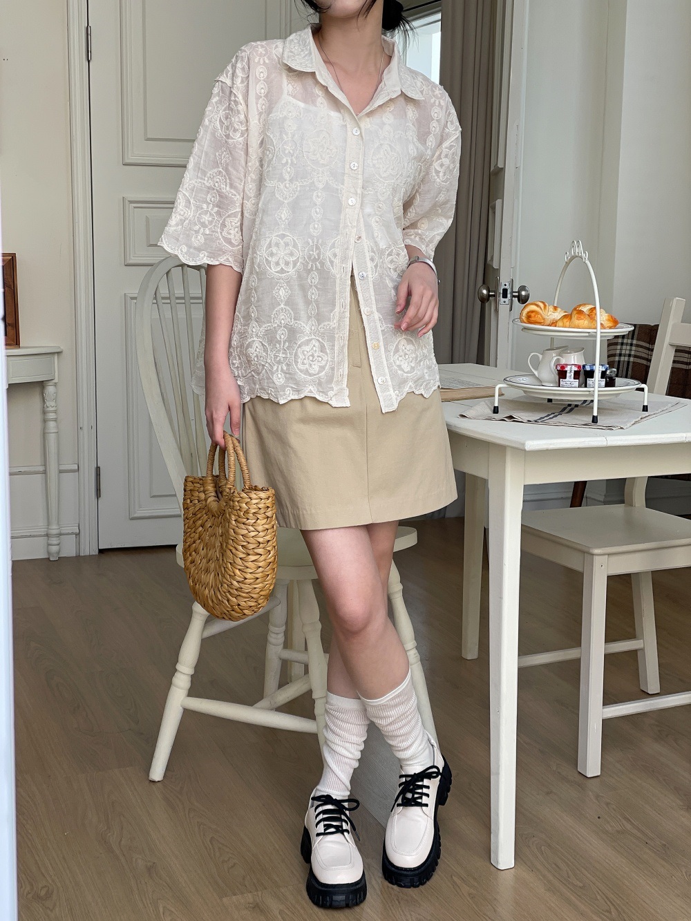 レースコットンボタンカラールーズ半袖ビッグブラウス | 詳細画像6