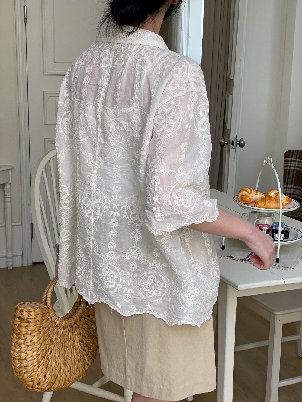 レースコットンボタンカラールーズ半袖ビッグブラウス | 詳細画像7