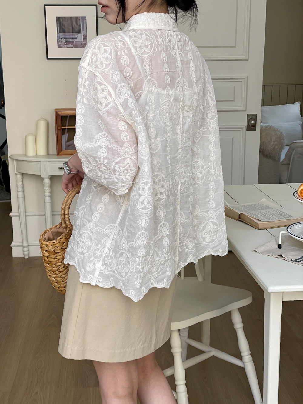 レースコットンボタンカラールーズ半袖ビッグブラウス | 詳細画像8