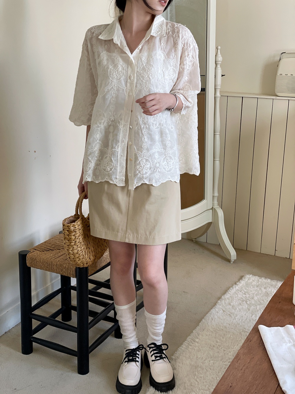 レースコットンボタンカラールーズ半袖ビッグブラウス | 詳細画像9