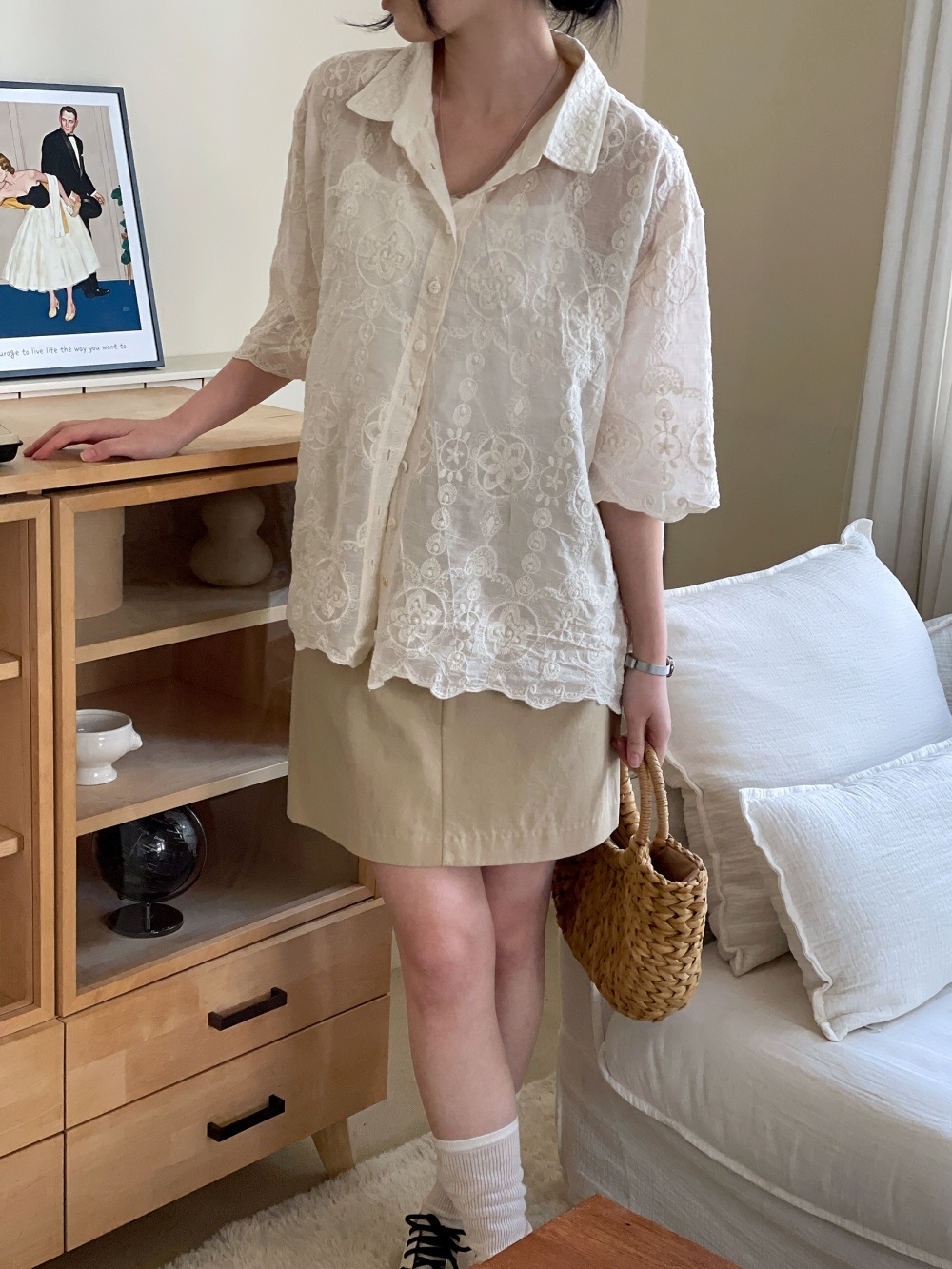 レースコットンボタンカラールーズ半袖ビッグブラウス | 詳細画像10