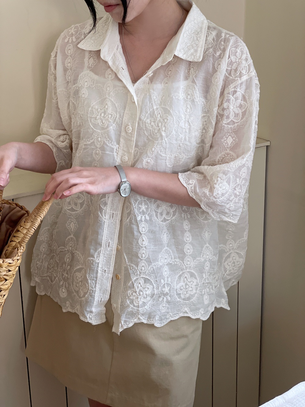 レースコットンボタンカラールーズ半袖ビッグブラウス | 詳細画像12
