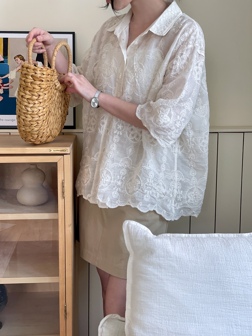 レースコットンボタンカラールーズ半袖ビッグブラウス | 詳細画像13