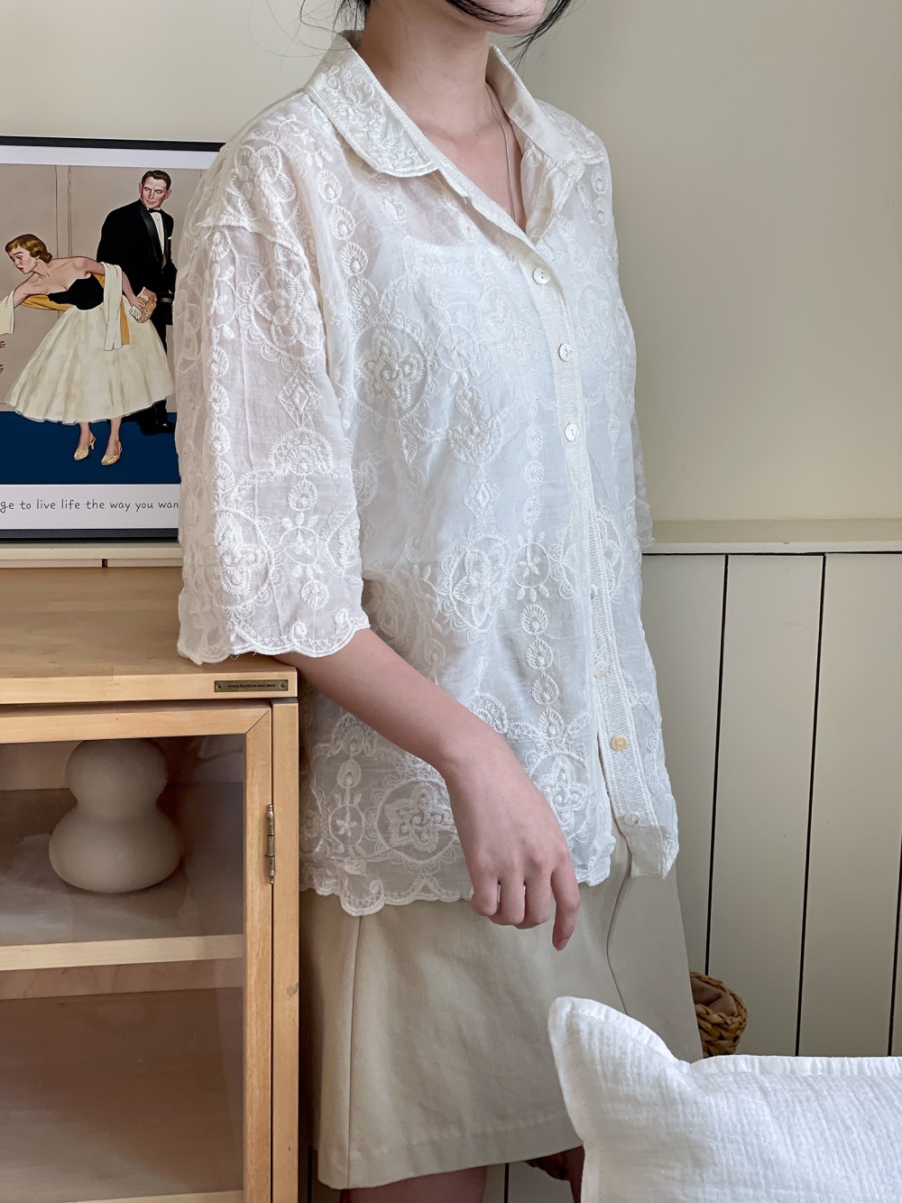 レースコットンボタンカラールーズ半袖ビッグブラウス | 詳細画像14