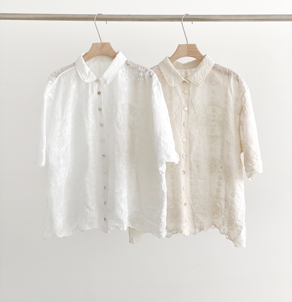 レースコットンボタンカラールーズ半袖ビッグブラウス | 詳細画像19