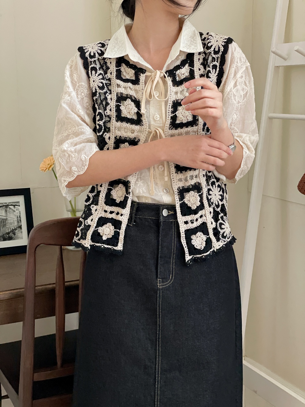 レースコットンボタンカラールーズ半袖ビッグブラウス | 詳細画像15