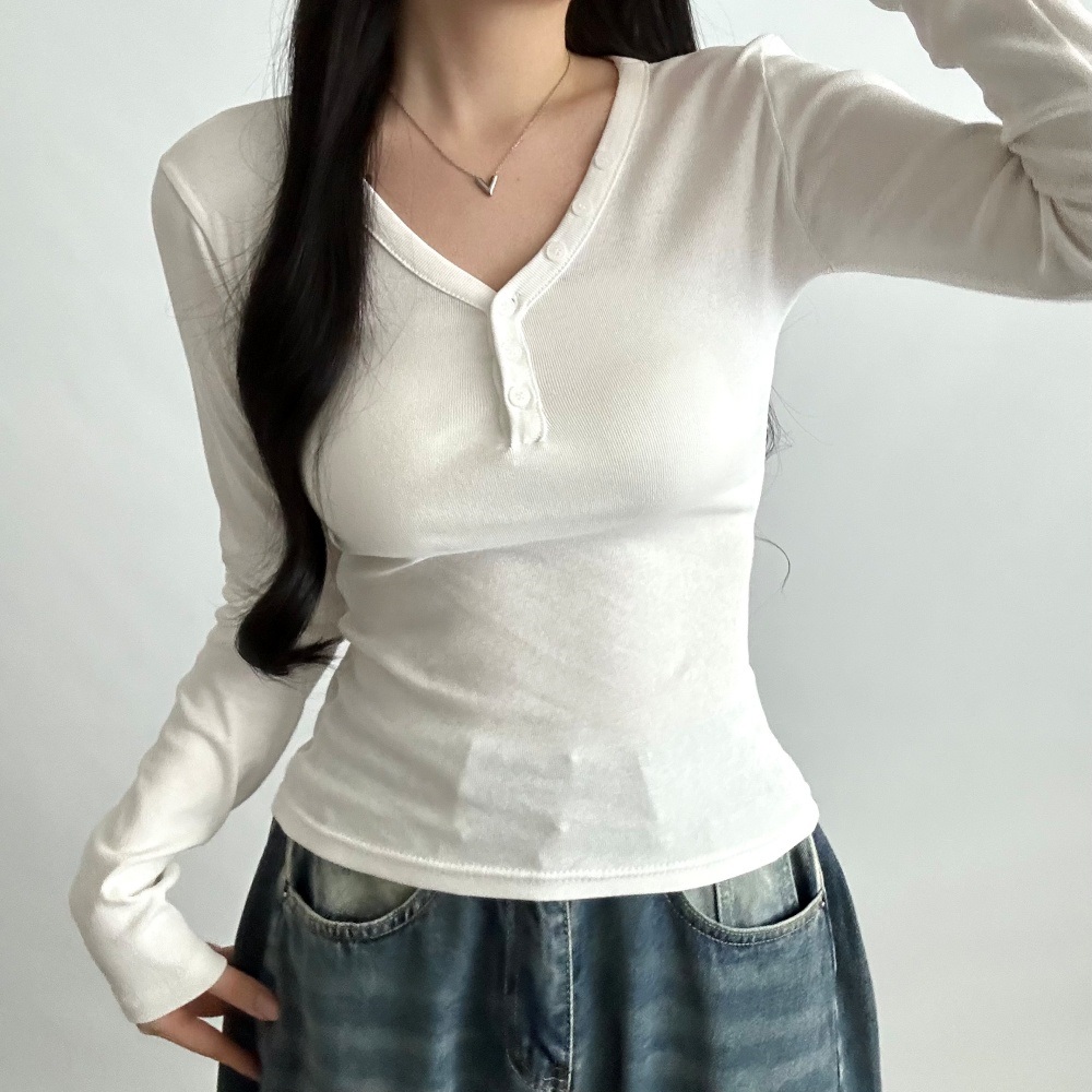 コットンボタンVネックスリム長袖無地Tシャツ | 詳細画像2