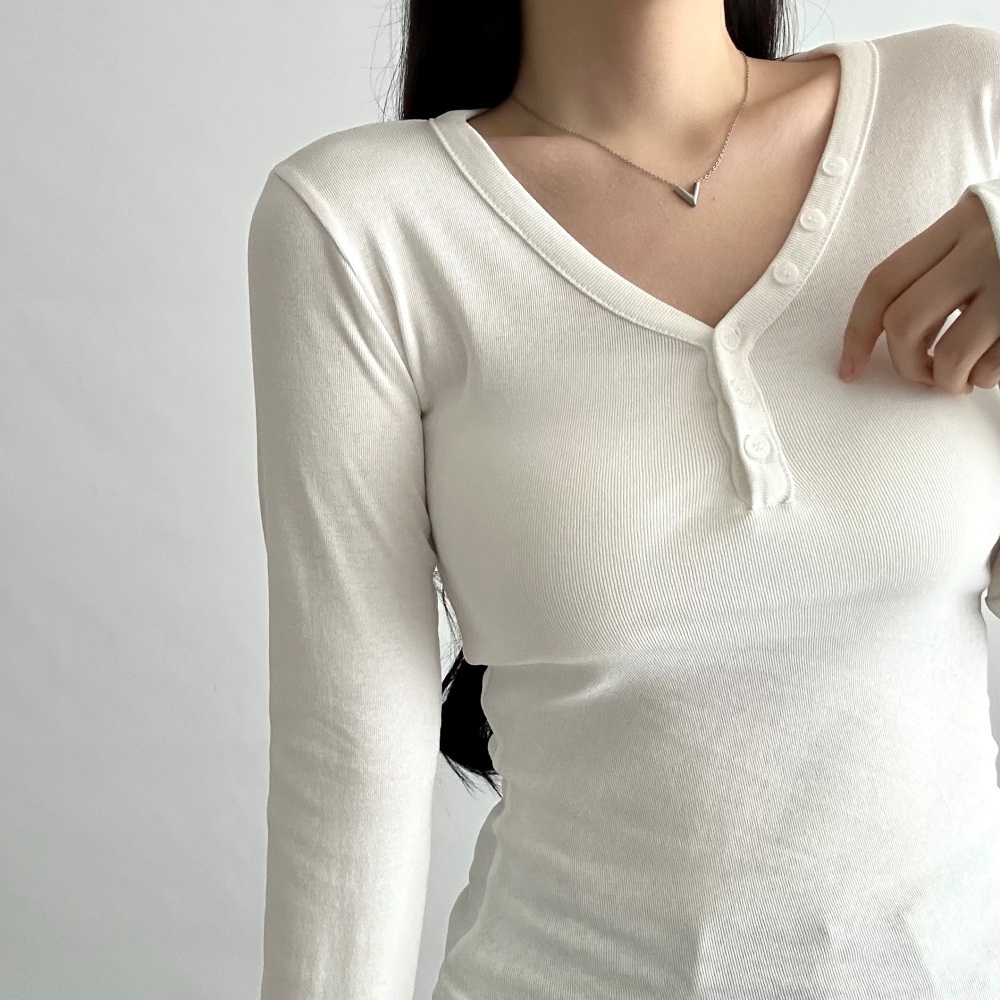 コットンボタンVネックスリム長袖無地Tシャツ | 詳細画像3