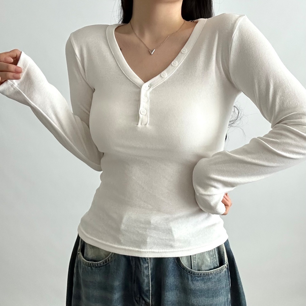 コットンボタンVネックスリム長袖無地Tシャツ | 詳細画像4