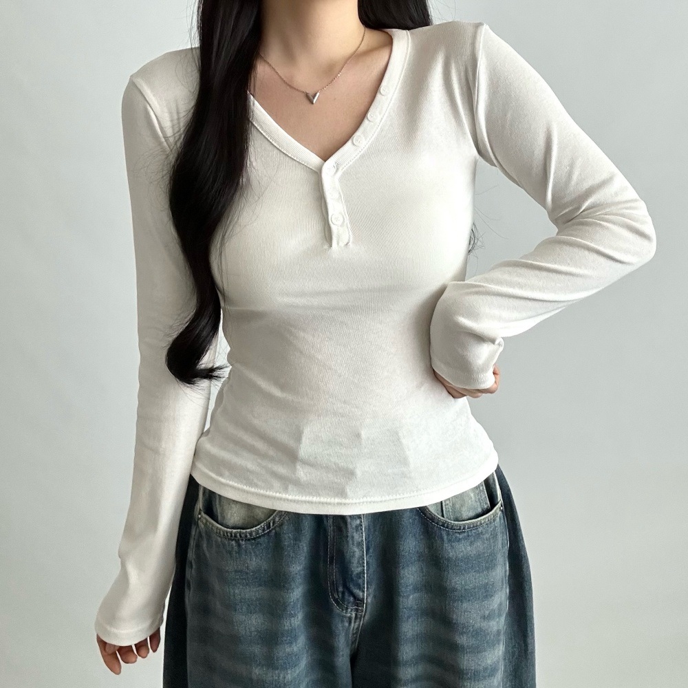 コットンボタンVネックスリム長袖無地Tシャツ | 詳細画像6