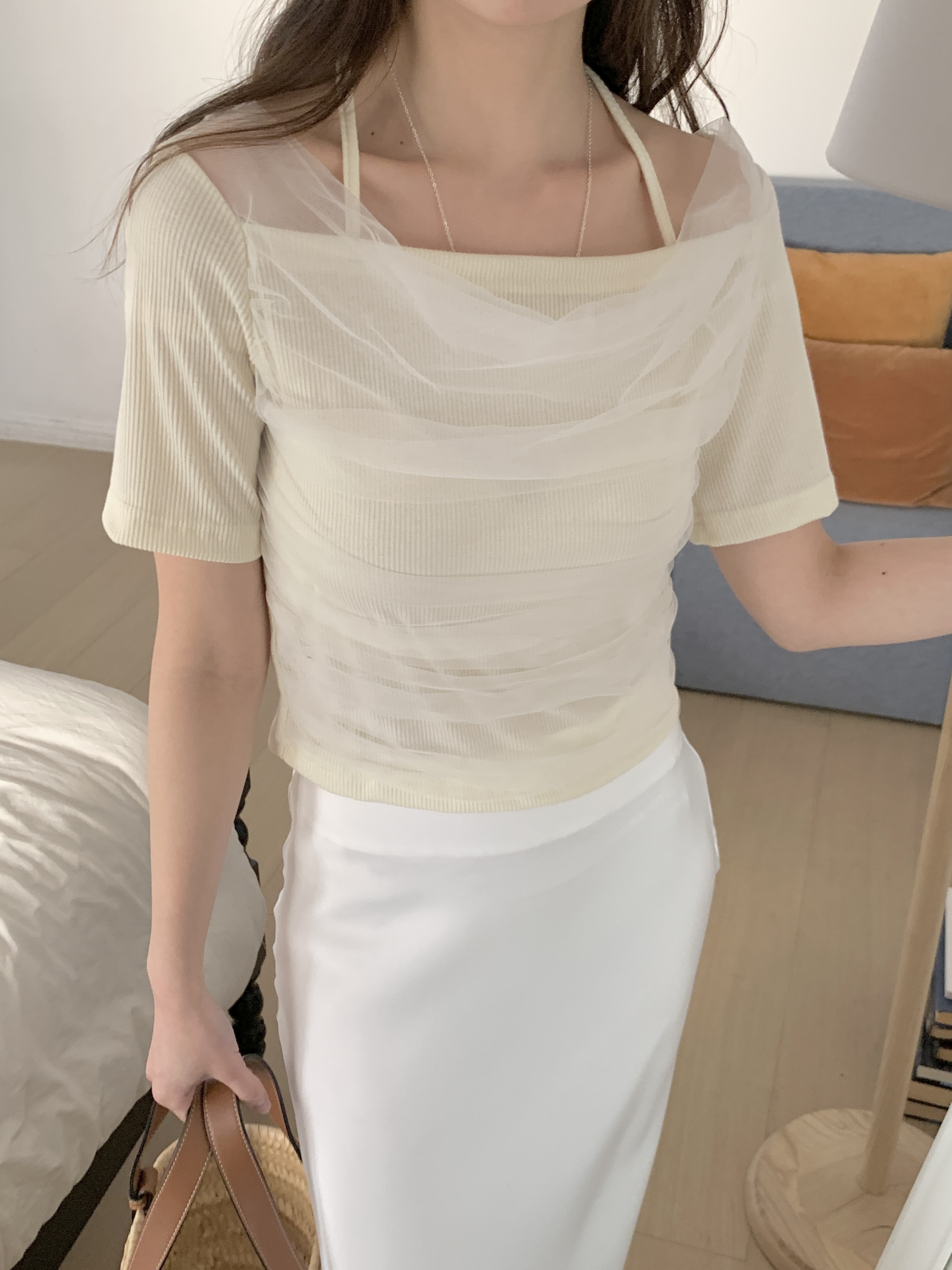 チュールコンビドレープホルターネック半袖Tシャツ | 詳細画像4