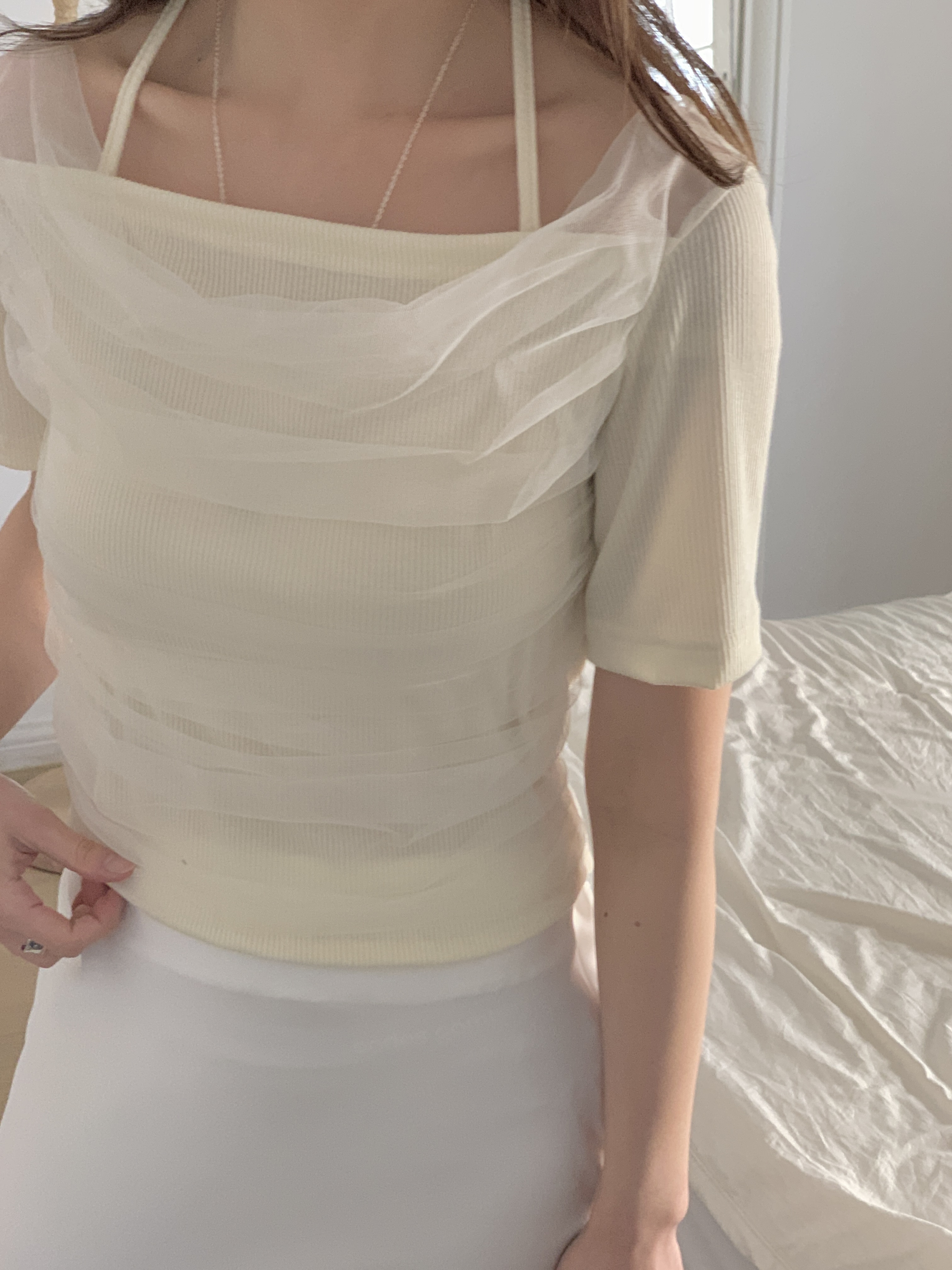 チュールコンビドレープホルターネック半袖Tシャツ | 詳細画像9