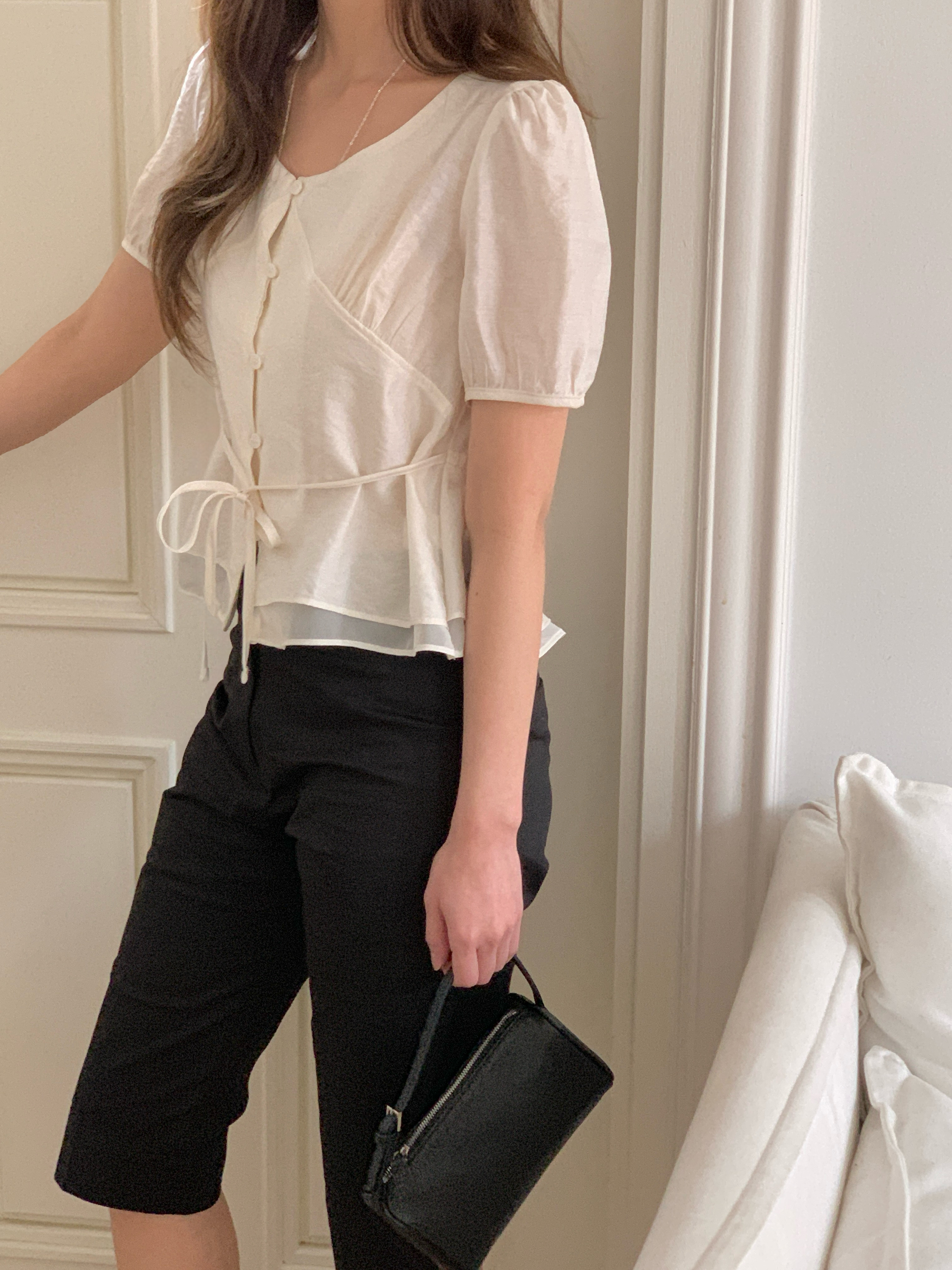 ボタンストラップラウンドネック半袖ブラウス | 詳細画像3