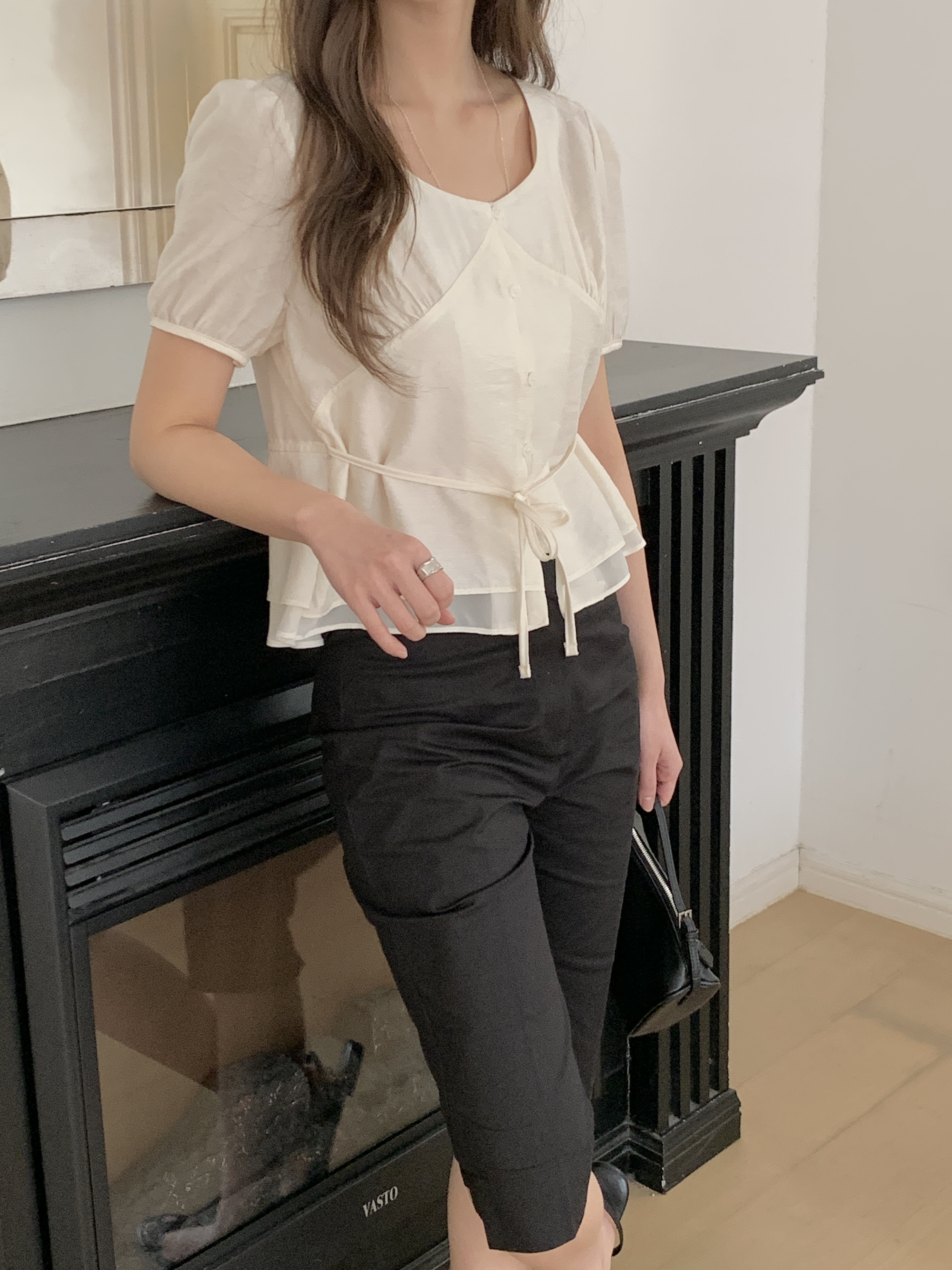 ボタンストラップラウンドネック半袖ブラウス | 詳細画像13