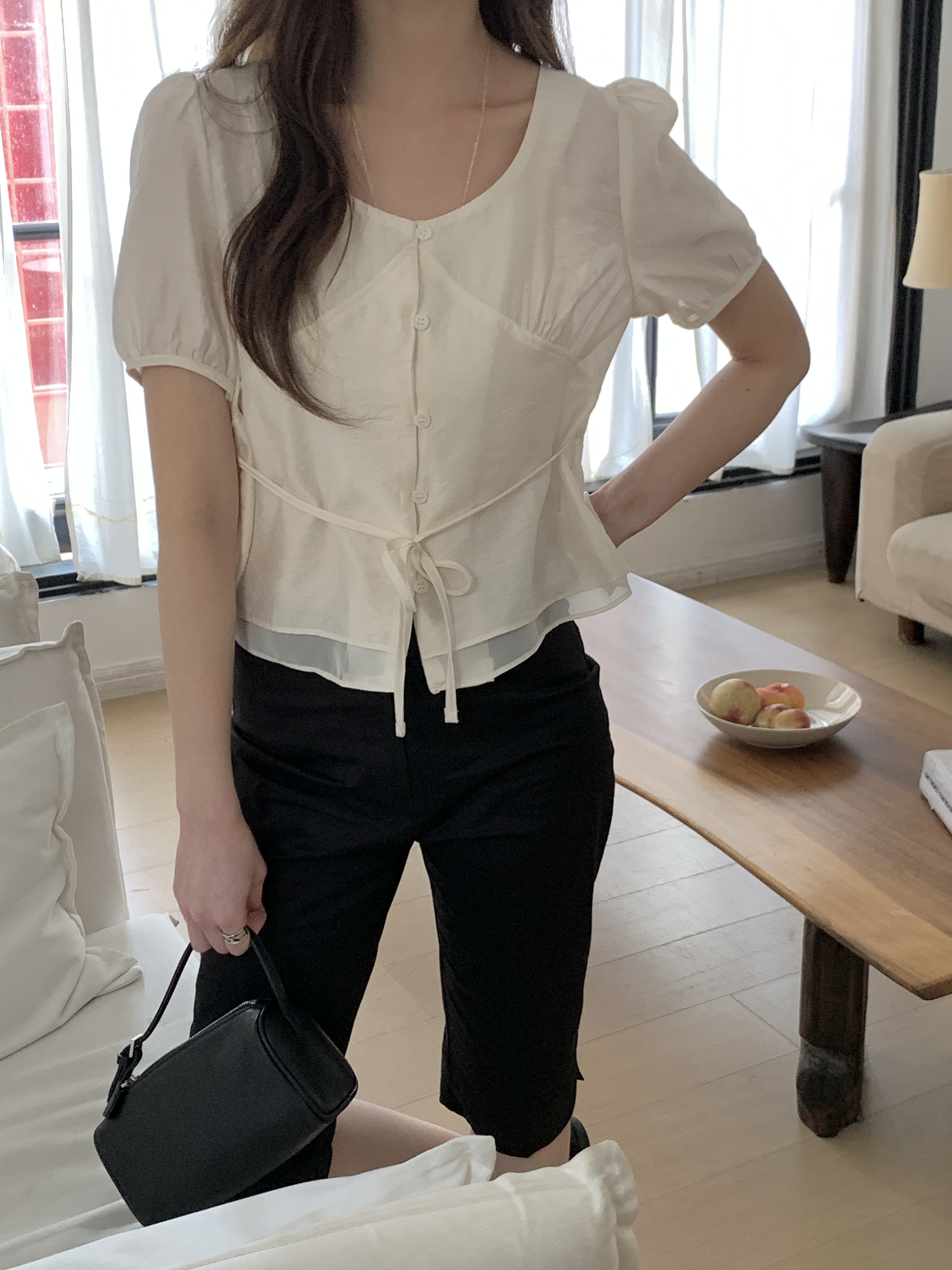 ボタンストラップラウンドネック半袖ブラウス | 詳細画像14