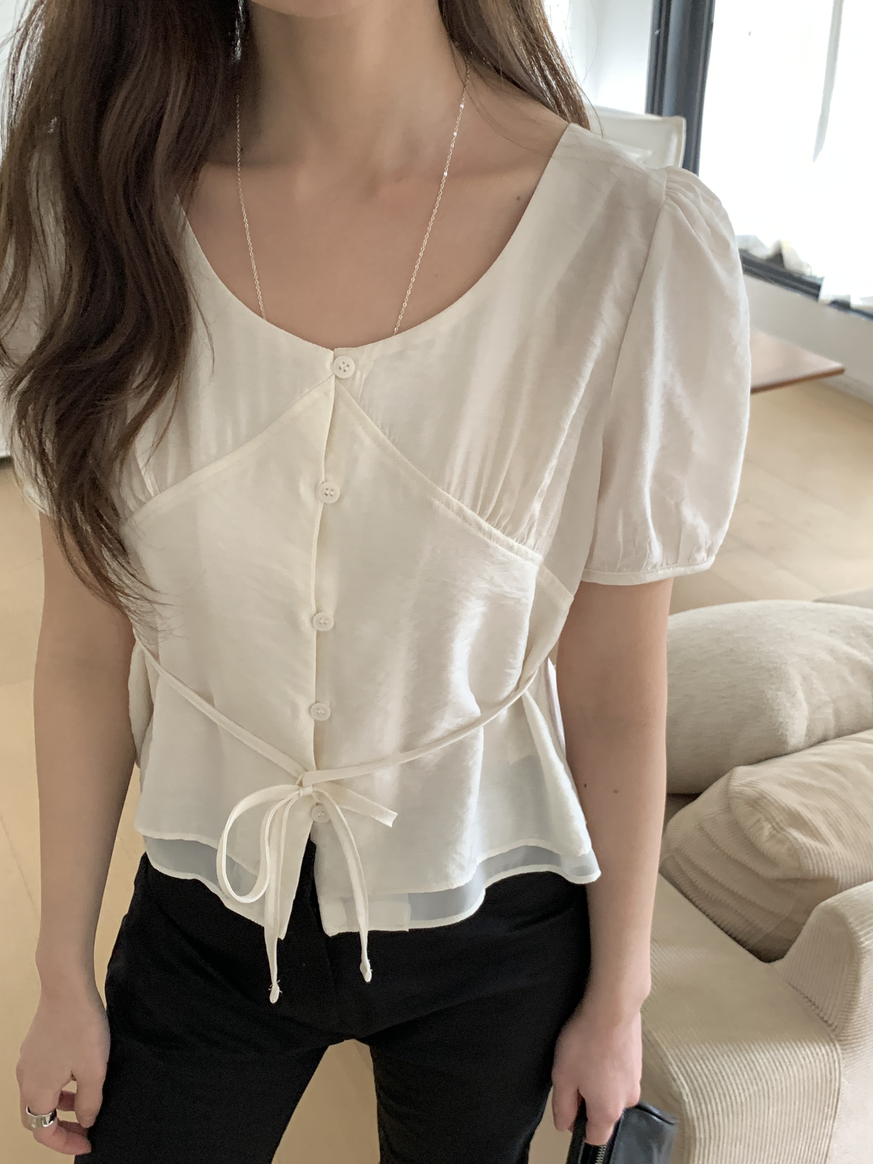 ボタンストラップラウンドネック半袖ブラウス | 詳細画像15