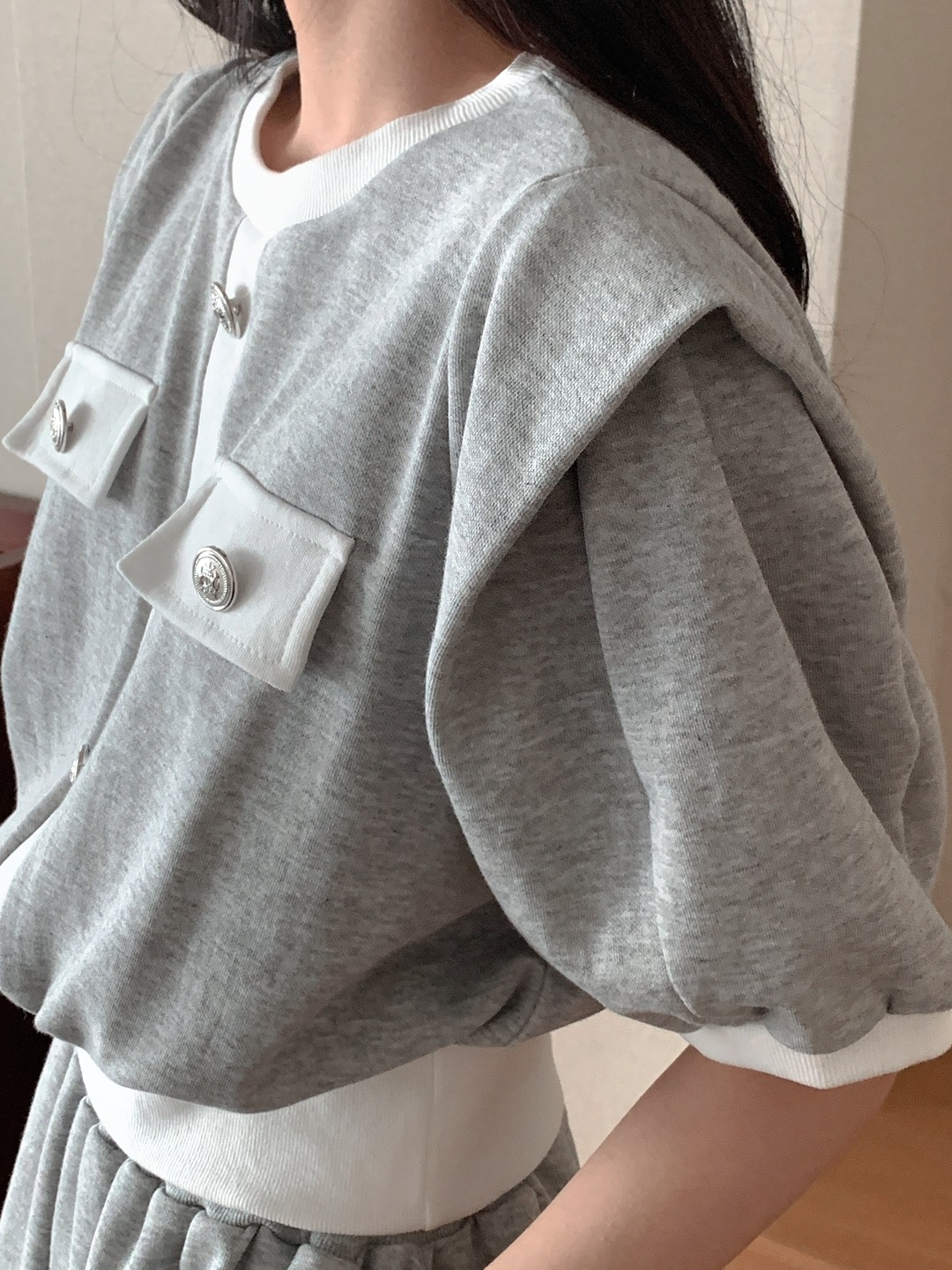 ラウンドネックポケットウエストゴムショート半袖Aラインフェイクボタンセットアップ | 詳細画像5