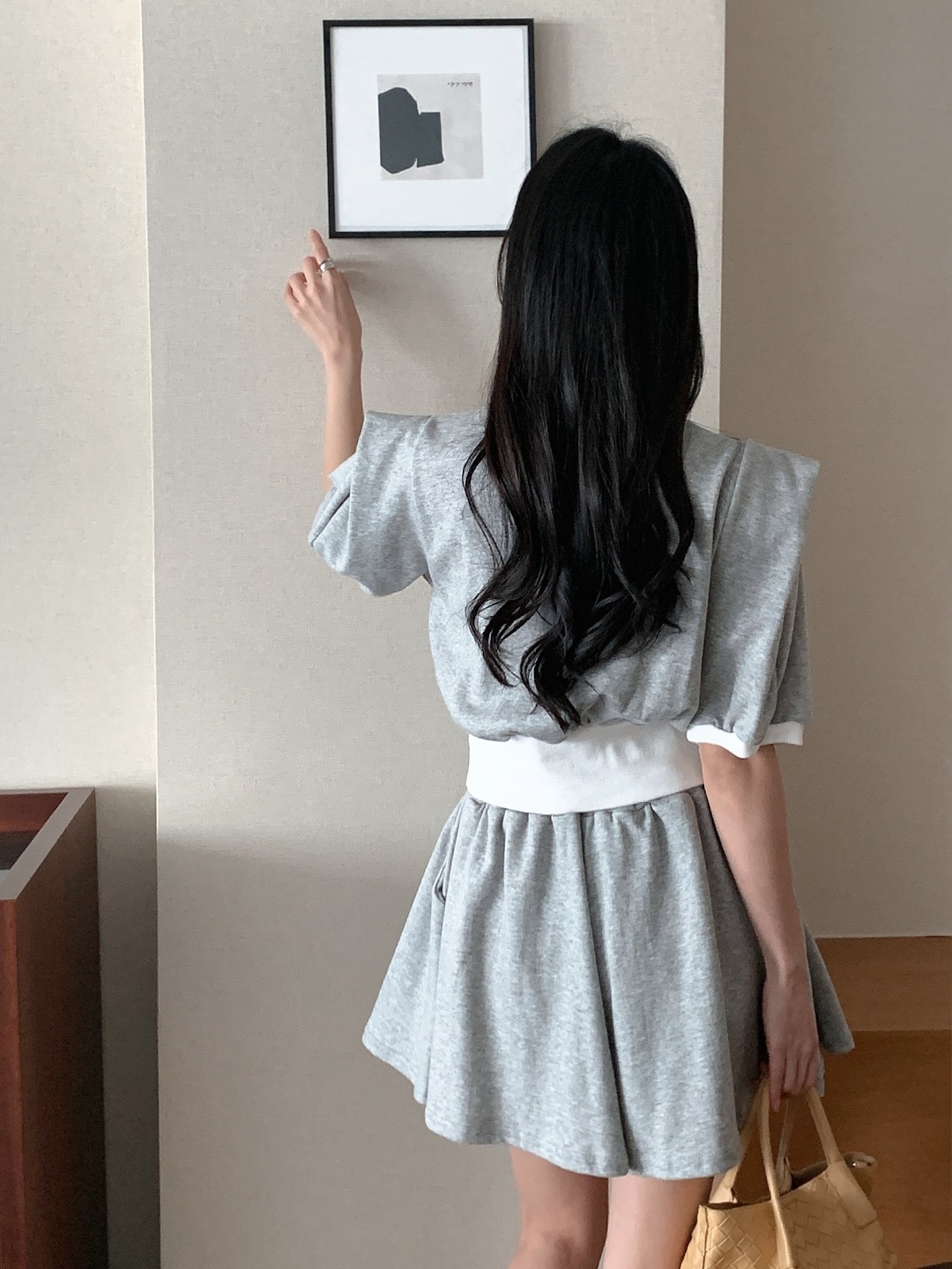 ラウンドネックポケットウエストゴムショート半袖Aラインフェイクボタンセットアップ | 詳細画像8