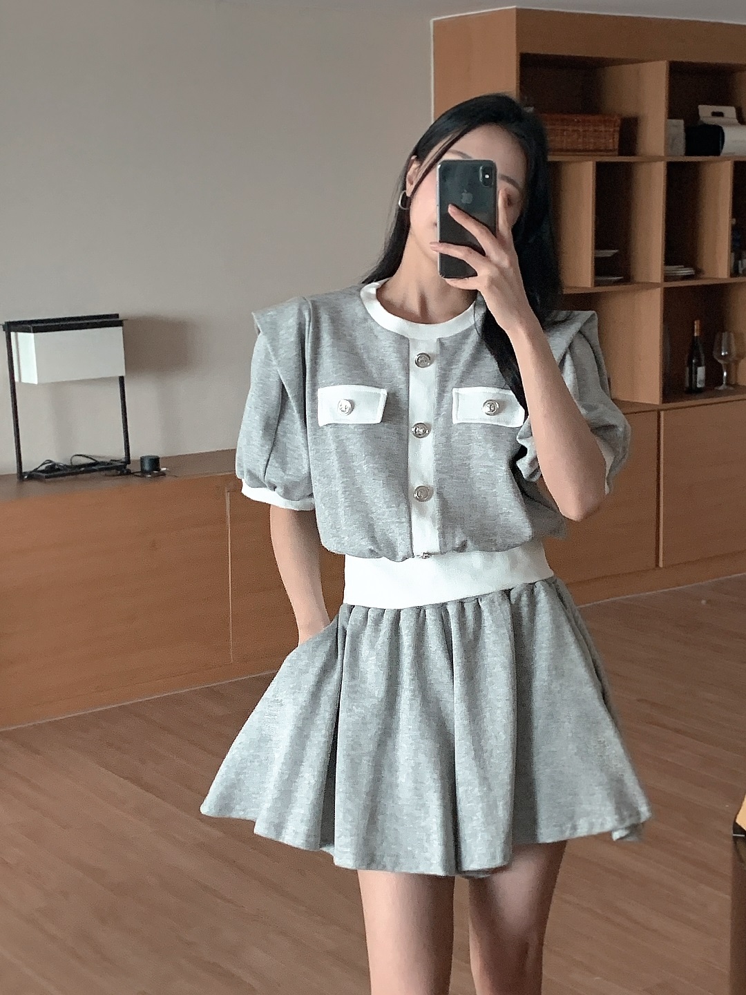 ラウンドネックポケットウエストゴムショート半袖Aラインフェイクボタンセットアップ | 詳細画像10