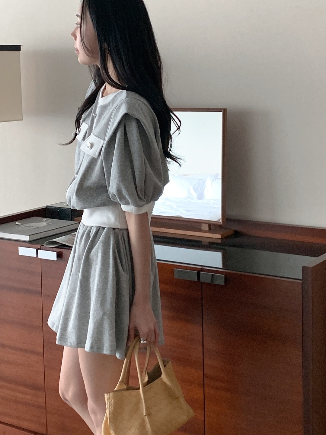 ラウンドネックポケットウエストゴムショート半袖Aラインフェイクボタンセットアップ | 詳細画像12