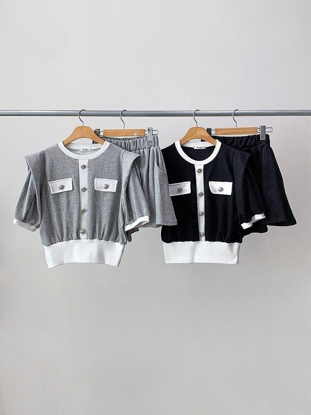 ラウンドネックポケットウエストゴムショート半袖Aラインフェイクボタンセットアップ | 詳細画像17