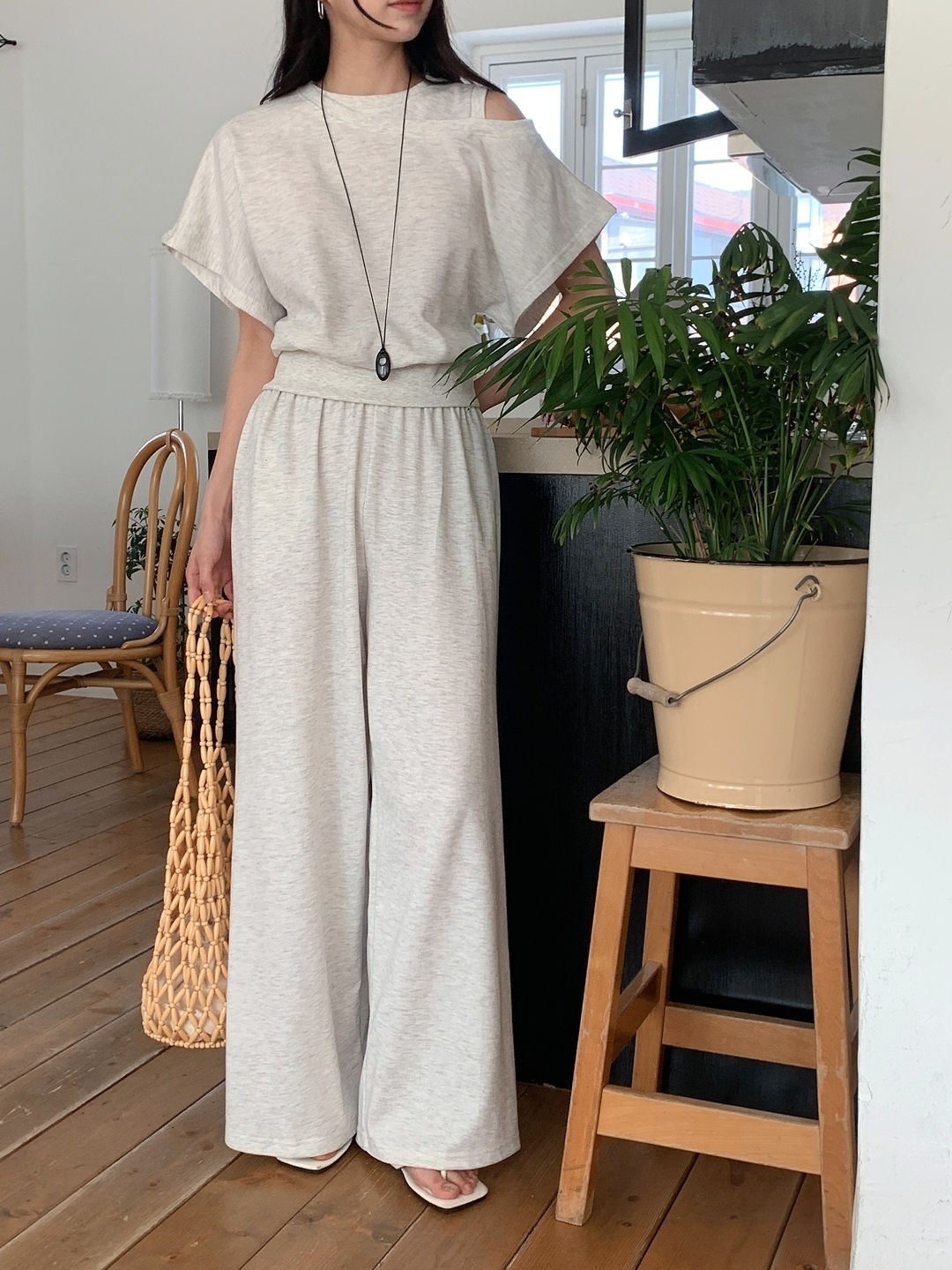 ワンショルダーポケットウエストゴムドルマンレイヤード風半袖ワイドセットアップ | 詳細画像2