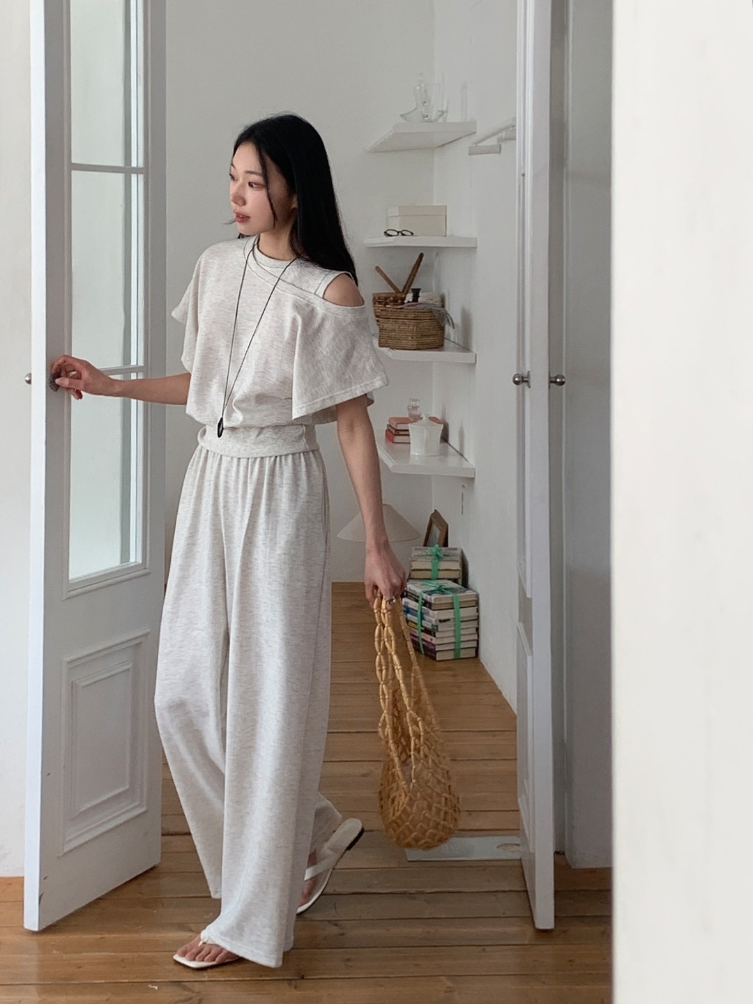 ワンショルダーポケットウエストゴムドルマンレイヤード風半袖ワイドセットアップ | 詳細画像3