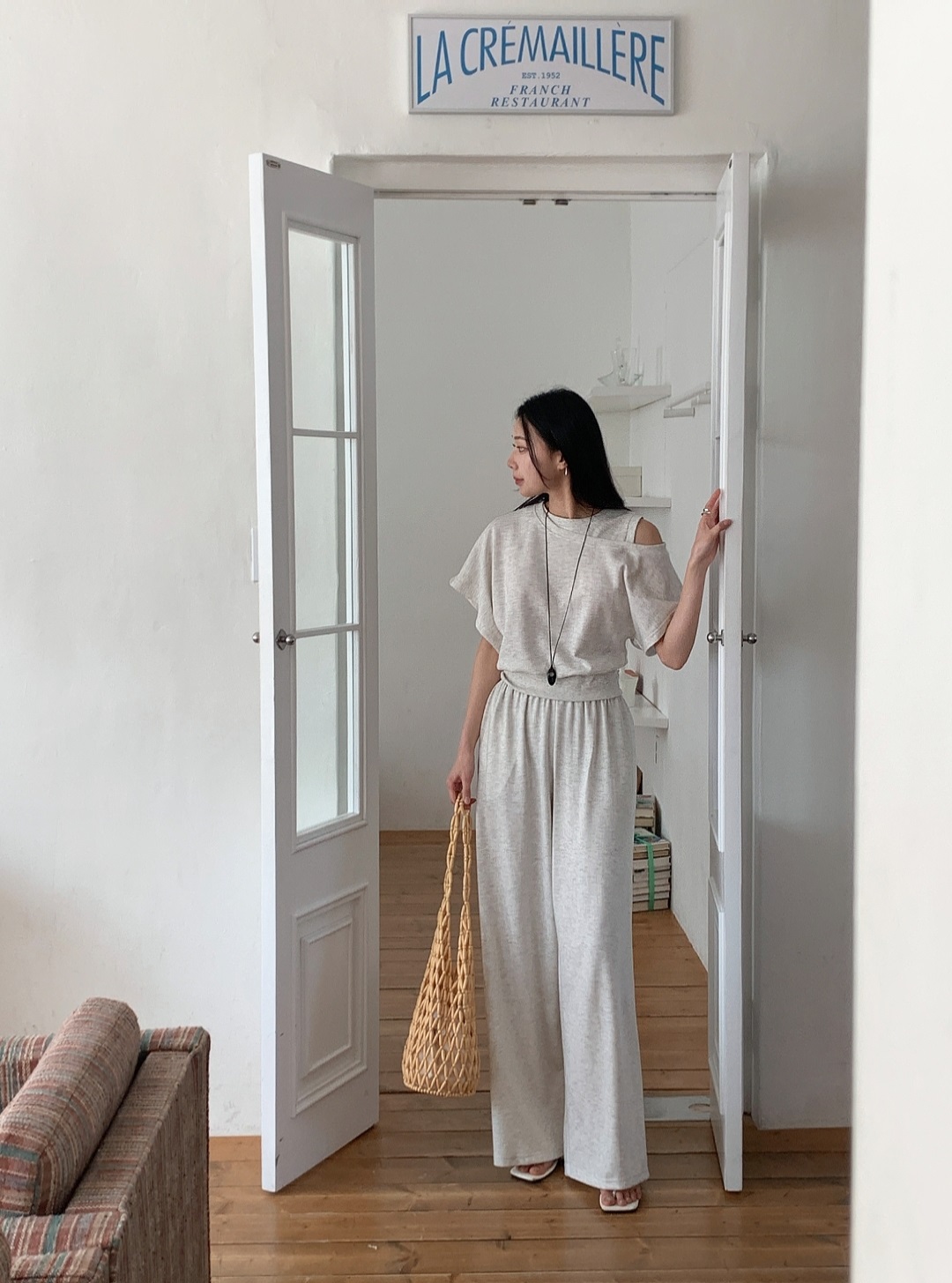 ワンショルダーポケットウエストゴムドルマンレイヤード風半袖ワイドセットアップ | 詳細画像4