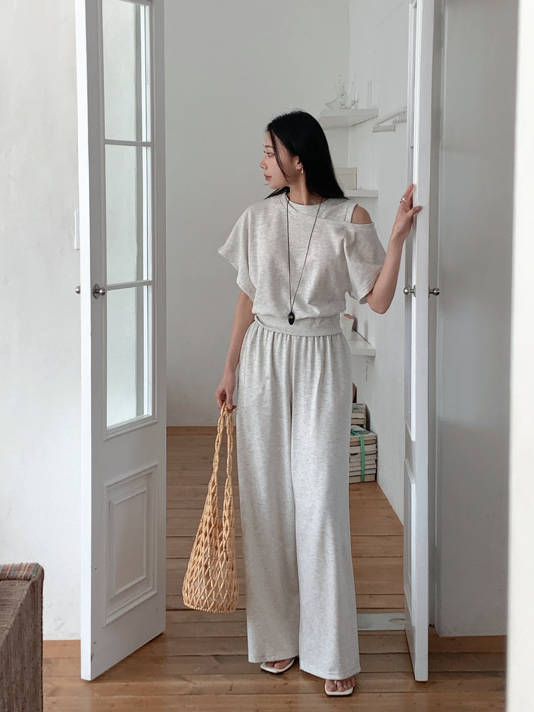 ワンショルダーポケットウエストゴムドルマンレイヤード風半袖ワイドセットアップ | 詳細画像5