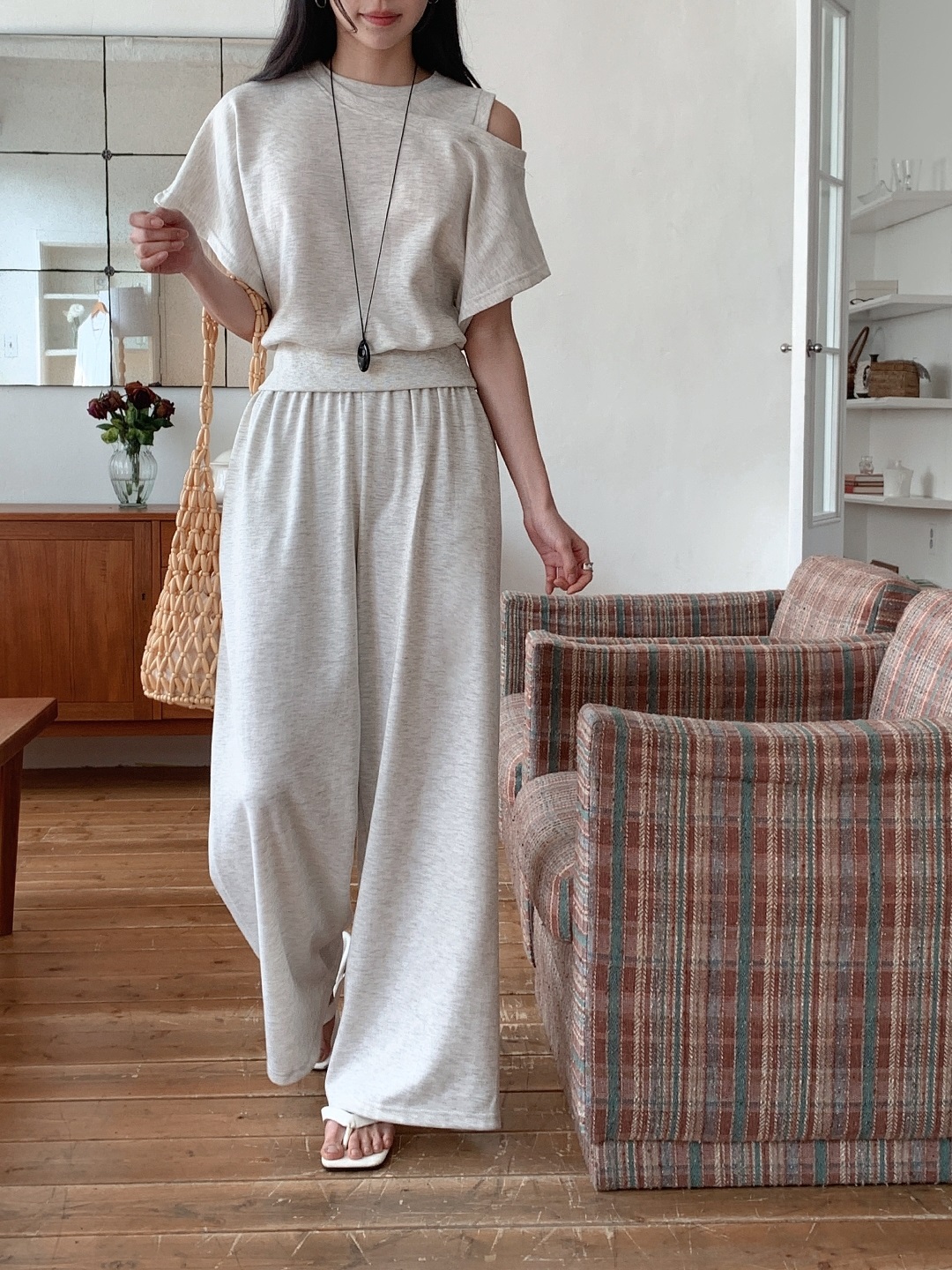 ワンショルダーポケットウエストゴムドルマンレイヤード風半袖ワイドセットアップ | 詳細画像7