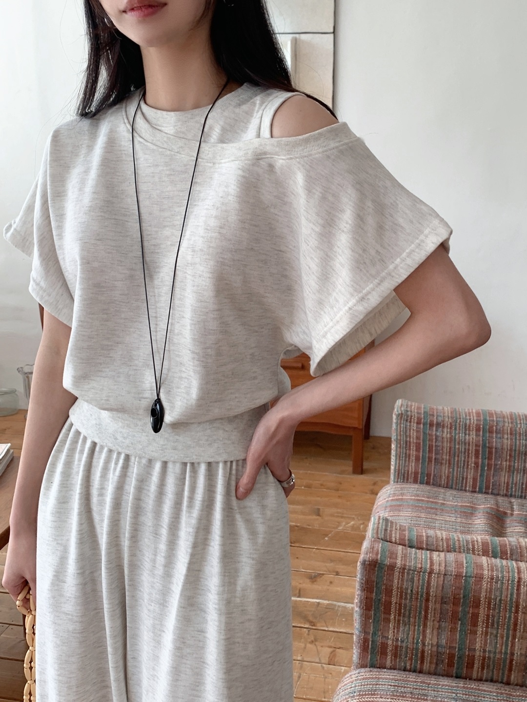 ワンショルダーポケットウエストゴムドルマンレイヤード風半袖ワイドセットアップ | 詳細画像8