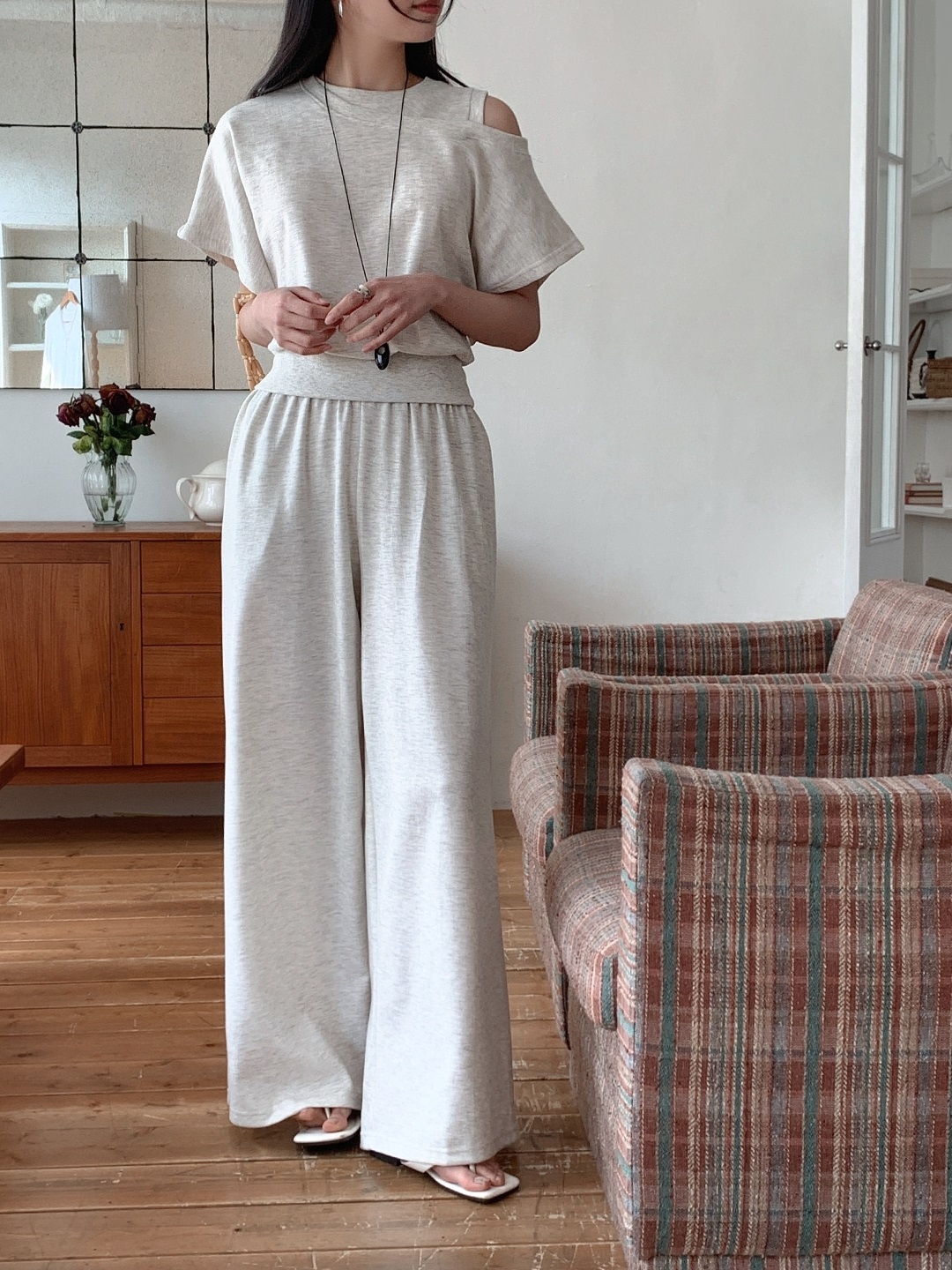 ワンショルダーポケットウエストゴムドルマンレイヤード風半袖ワイドセットアップ | 詳細画像9