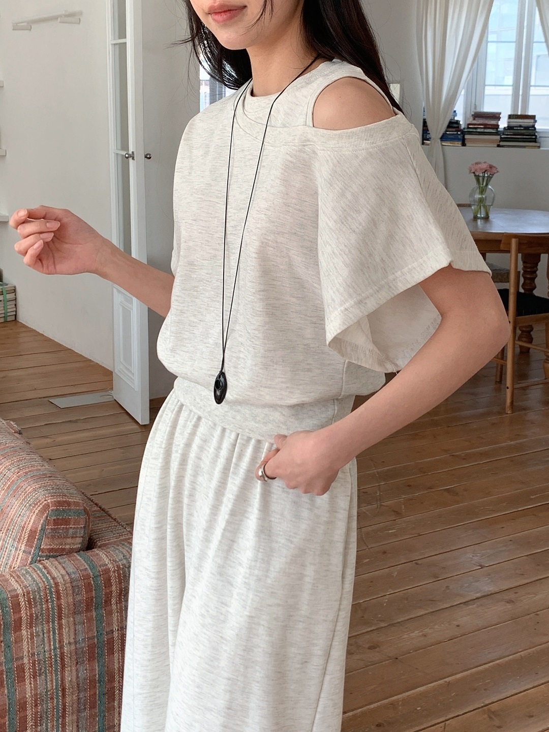 ワンショルダーポケットウエストゴムドルマンレイヤード風半袖ワイドセットアップ | 詳細画像12