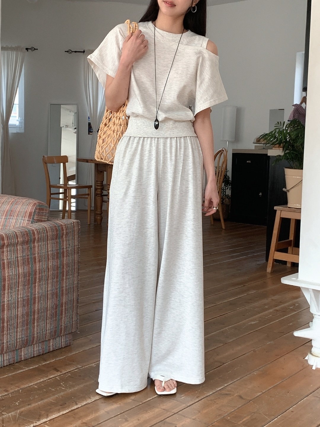 ワンショルダーポケットウエストゴムドルマンレイヤード風半袖ワイドセットアップ | 詳細画像13