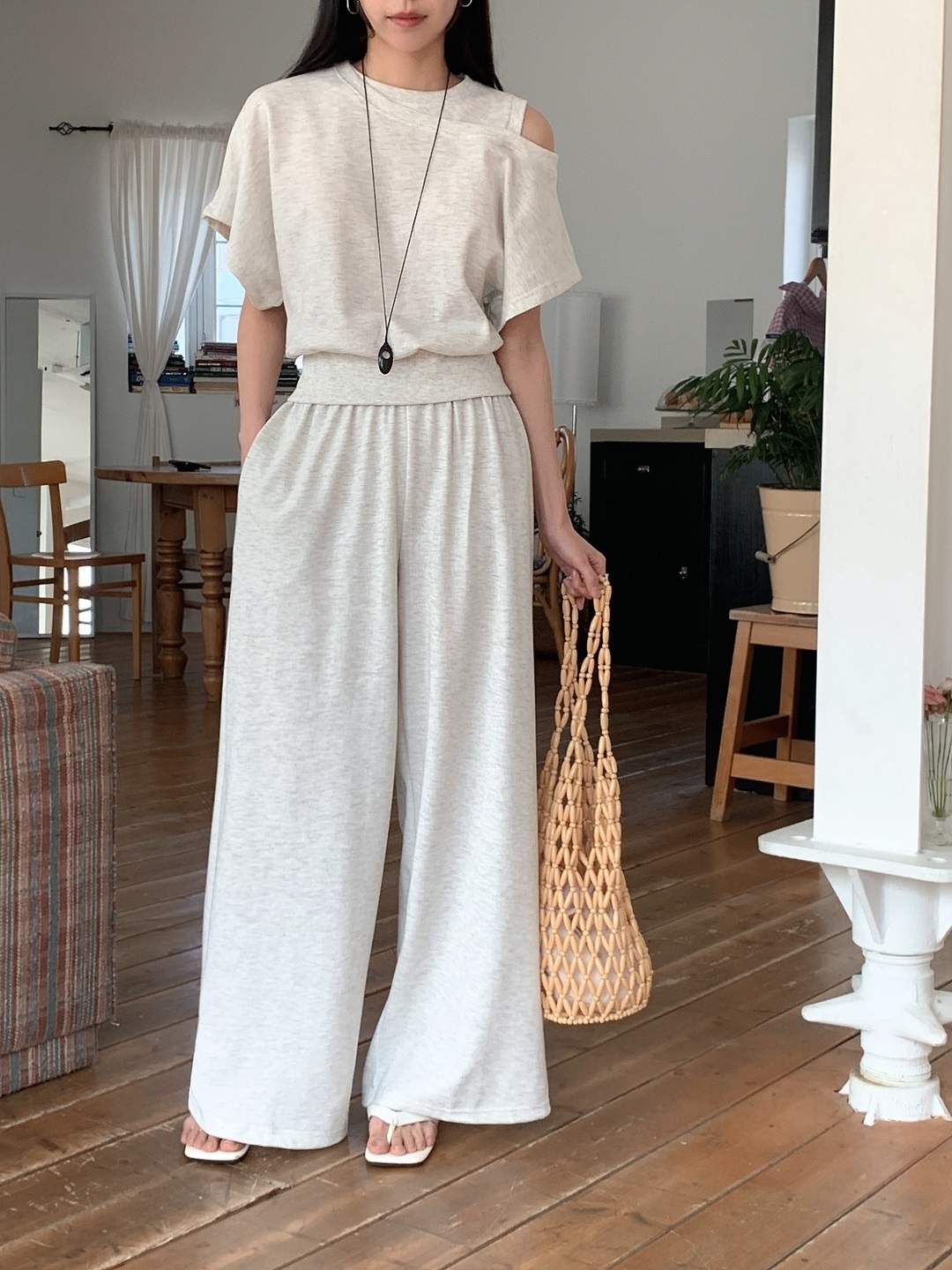 ワンショルダーポケットウエストゴムドルマンレイヤード風半袖ワイドセットアップ | 詳細画像14