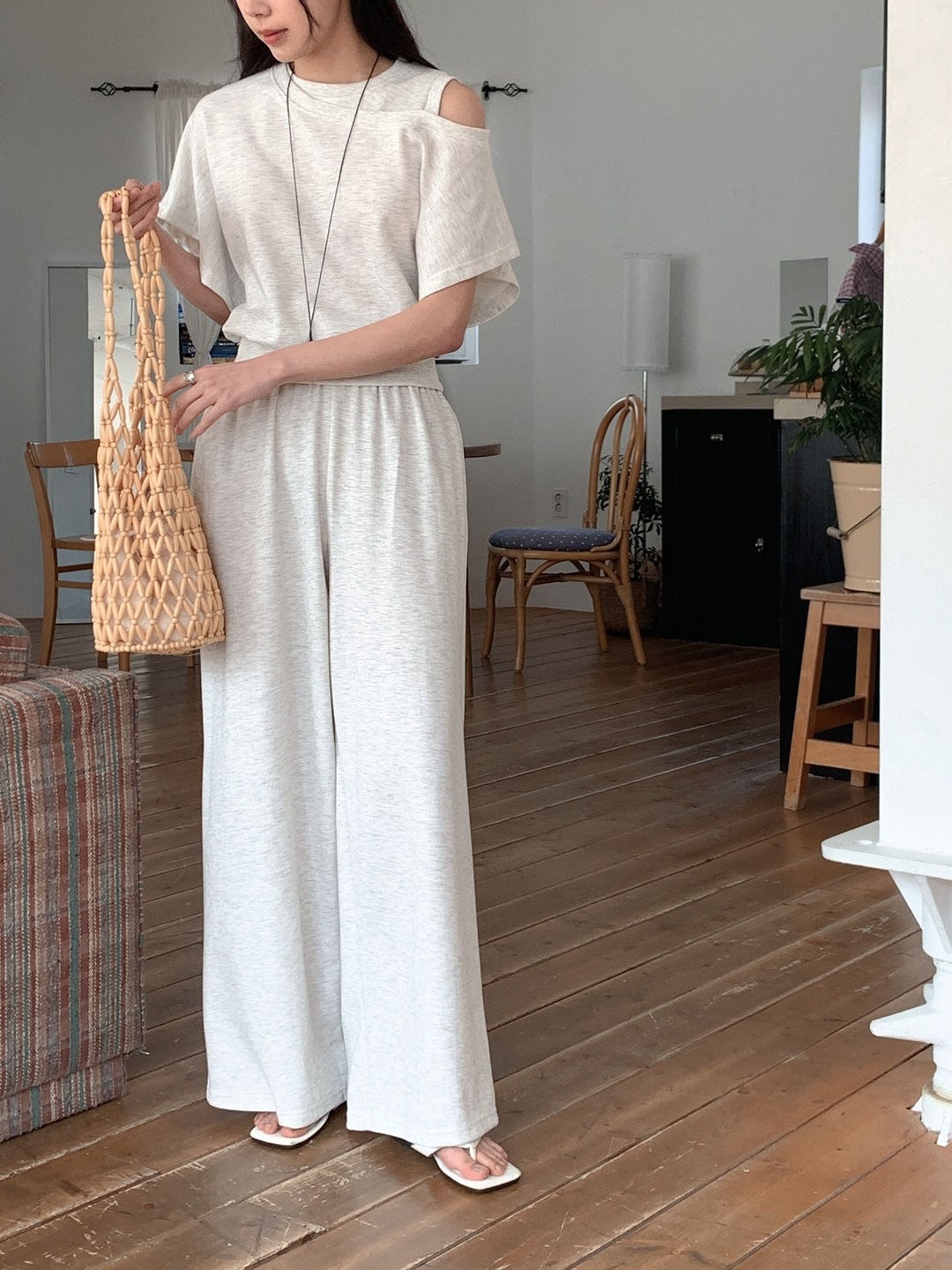 ワンショルダーポケットウエストゴムドルマンレイヤード風半袖ワイドセットアップ | 詳細画像15