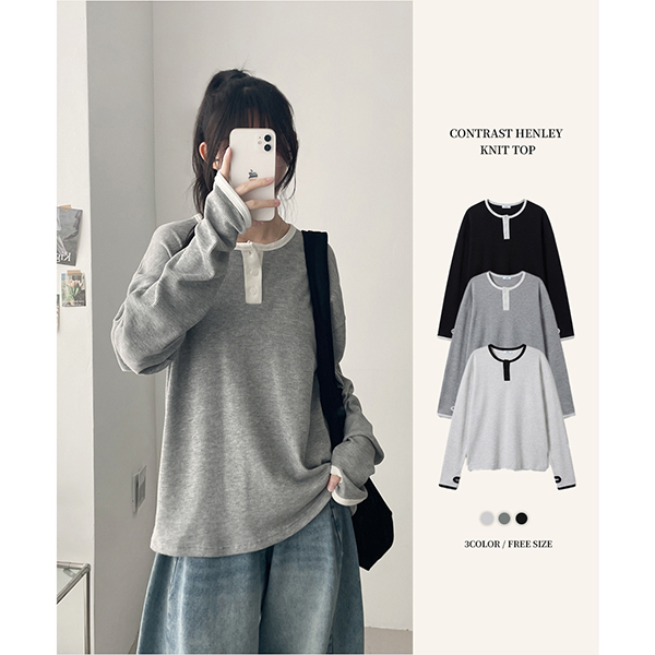 ワッフルヘンリーネック長袖ルーズフィンガーホール配色Tシャツ