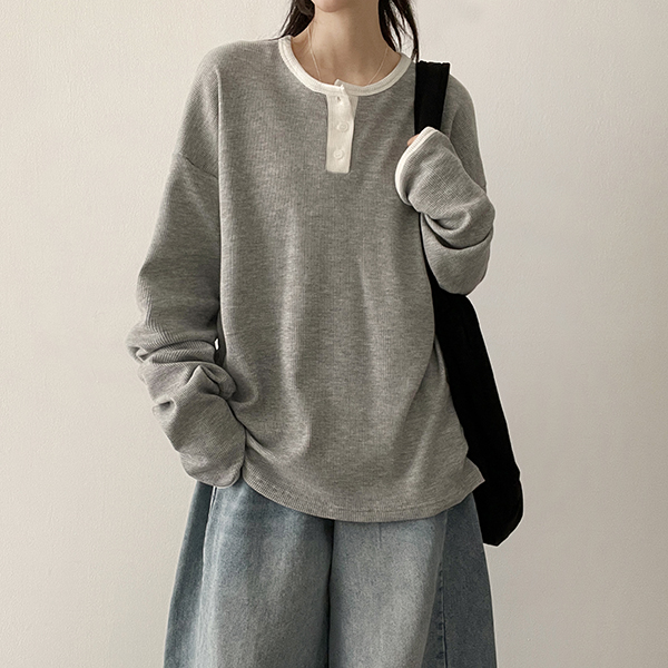 ワッフルヘンリーネック長袖ルーズフィンガーホール配色Tシャツ