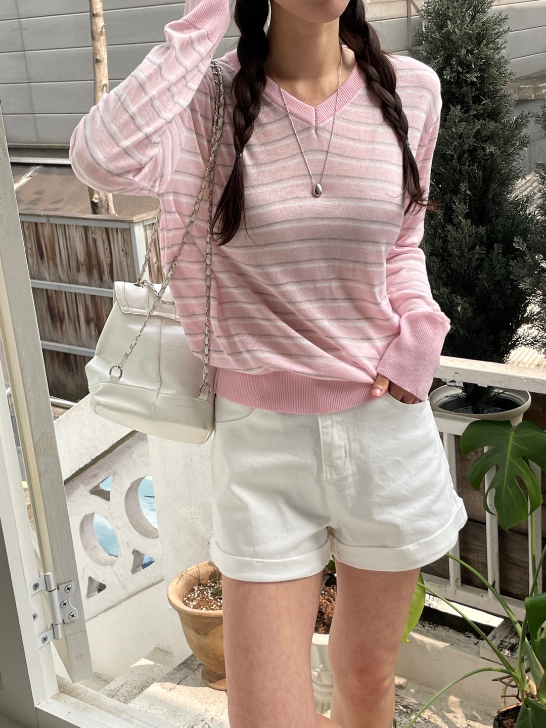 Vネックボクシールーズ長袖配色Tシャツ | 詳細画像2