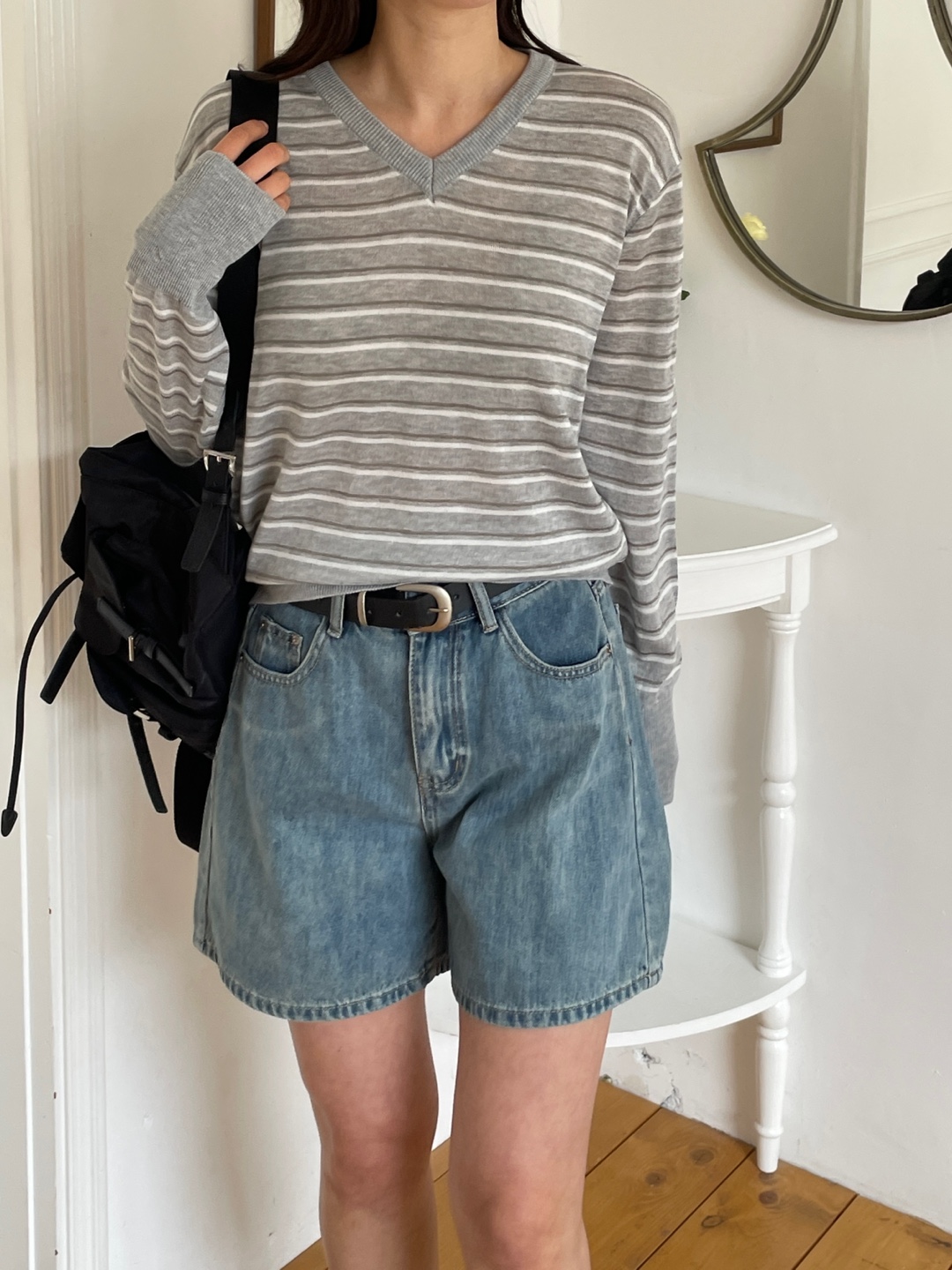 Vネックボクシールーズ長袖配色Tシャツ | 詳細画像14