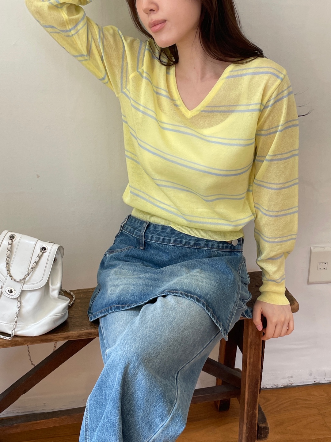 Vネックベーシック長袖ボーダー配色ニット | 詳細画像10