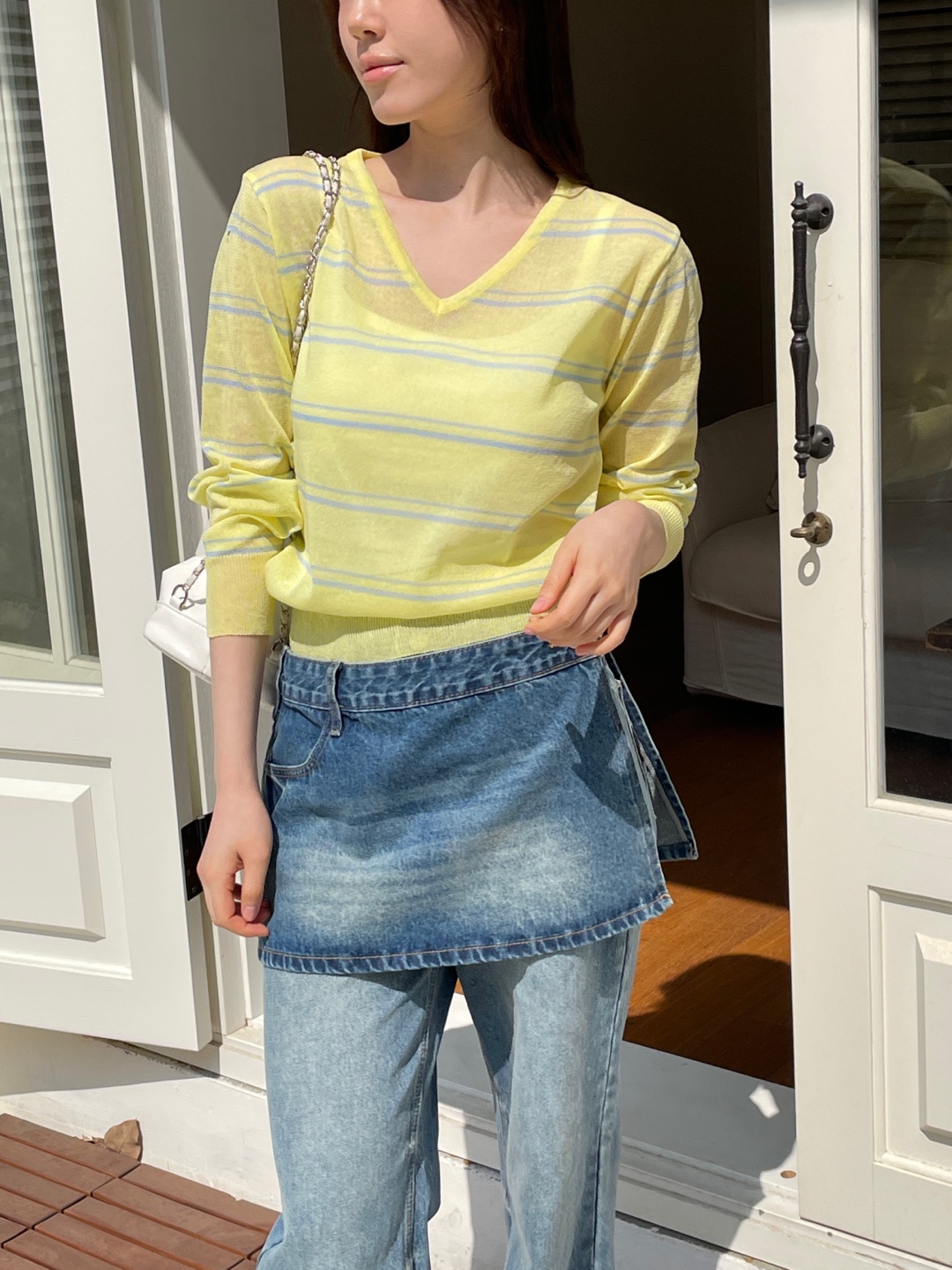 Vネックベーシック長袖ボーダー配色ニット | 詳細画像9