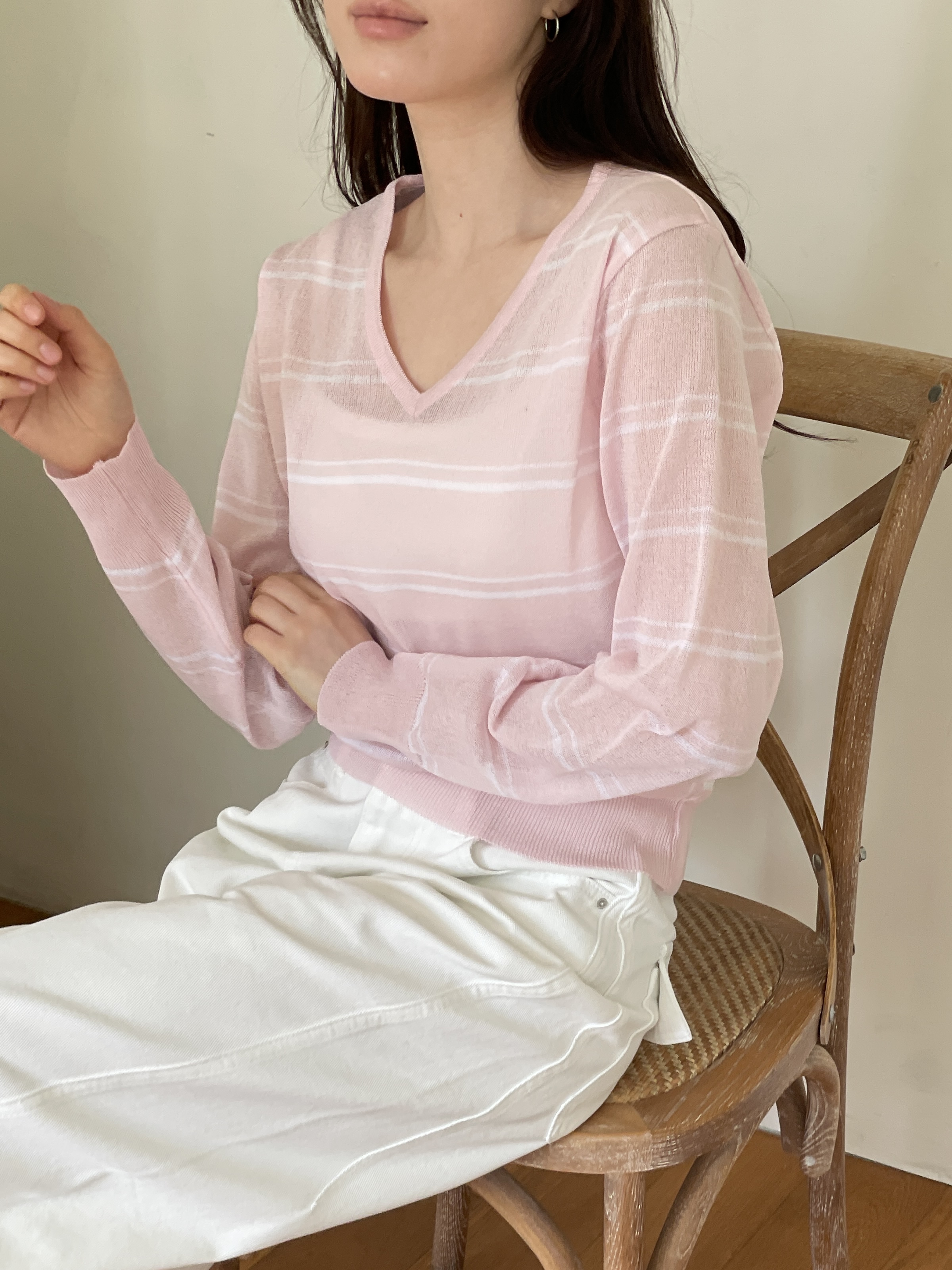 Vネックベーシック長袖ボーダー配色ニット | 詳細画像6