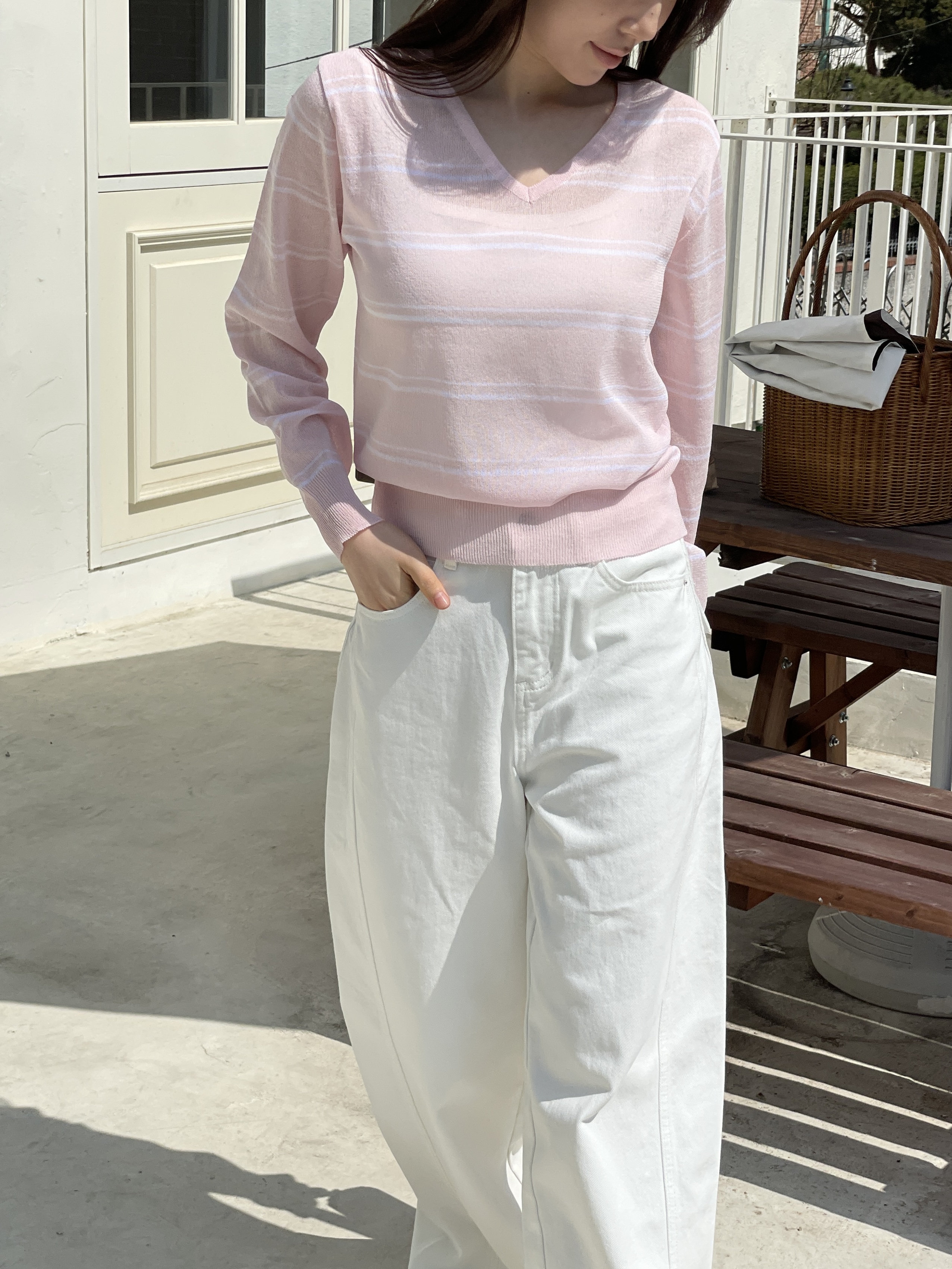 Vネックベーシック長袖ボーダー配色ニット | 詳細画像4