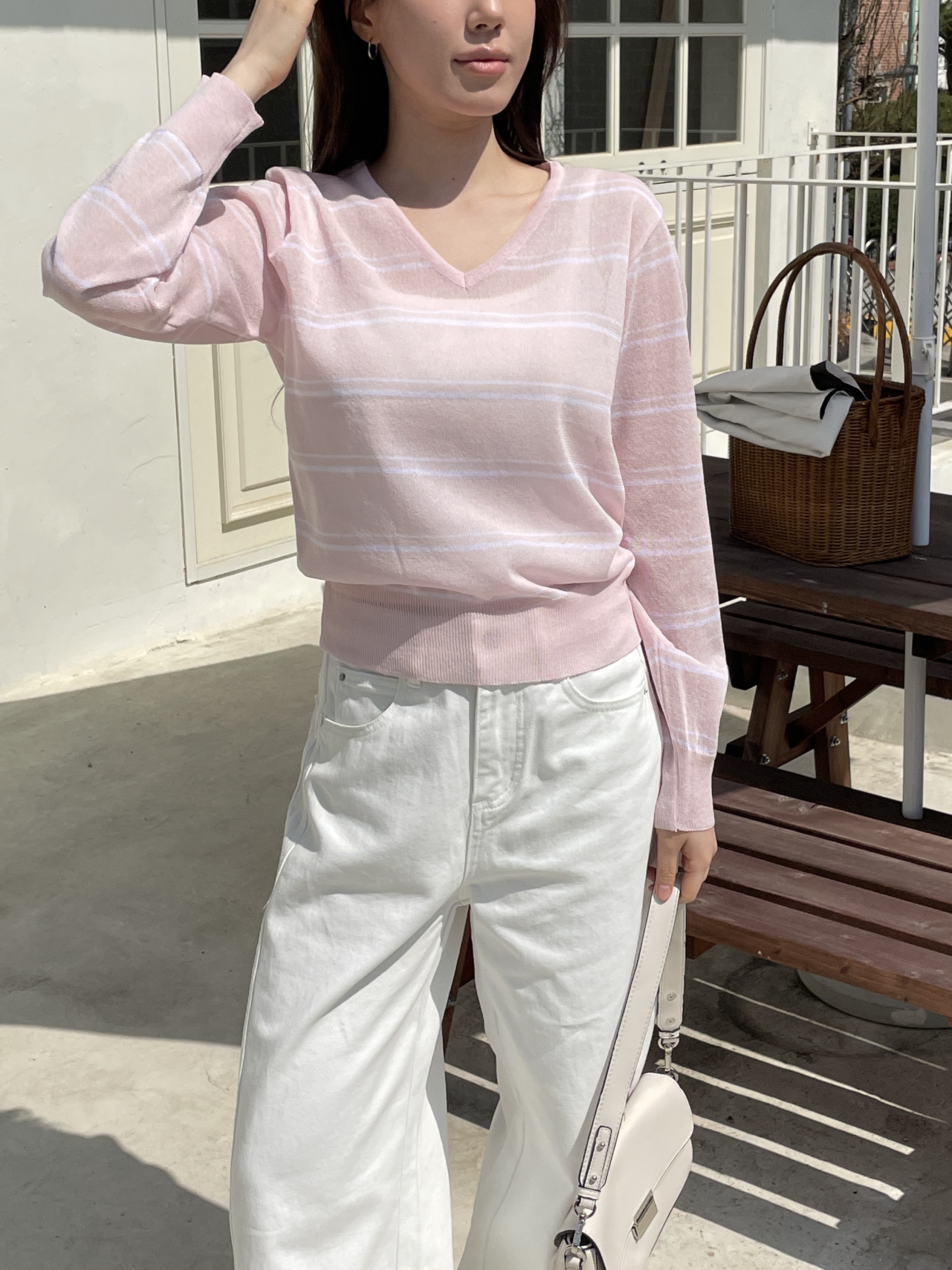 Vネックベーシック長袖ボーダー配色ニット | 詳細画像3