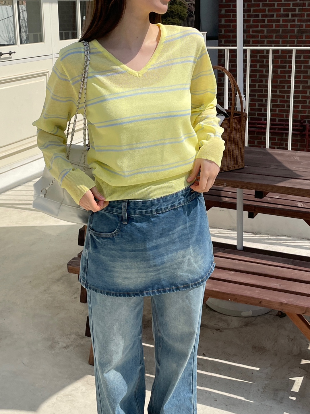 Vネックベーシック長袖ボーダー配色ニット | 詳細画像11