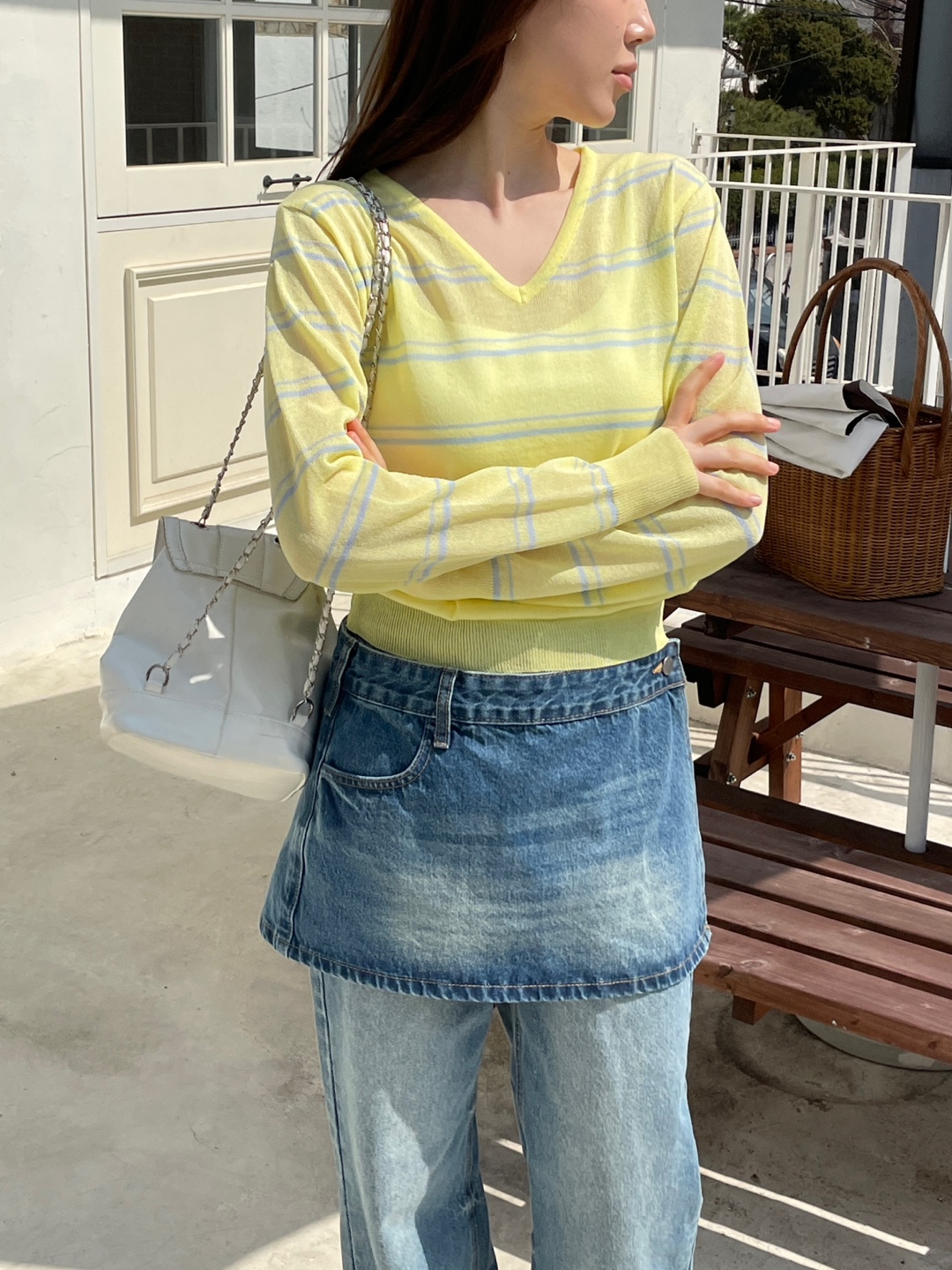 Vネックベーシック長袖ボーダー配色ニット | 詳細画像12