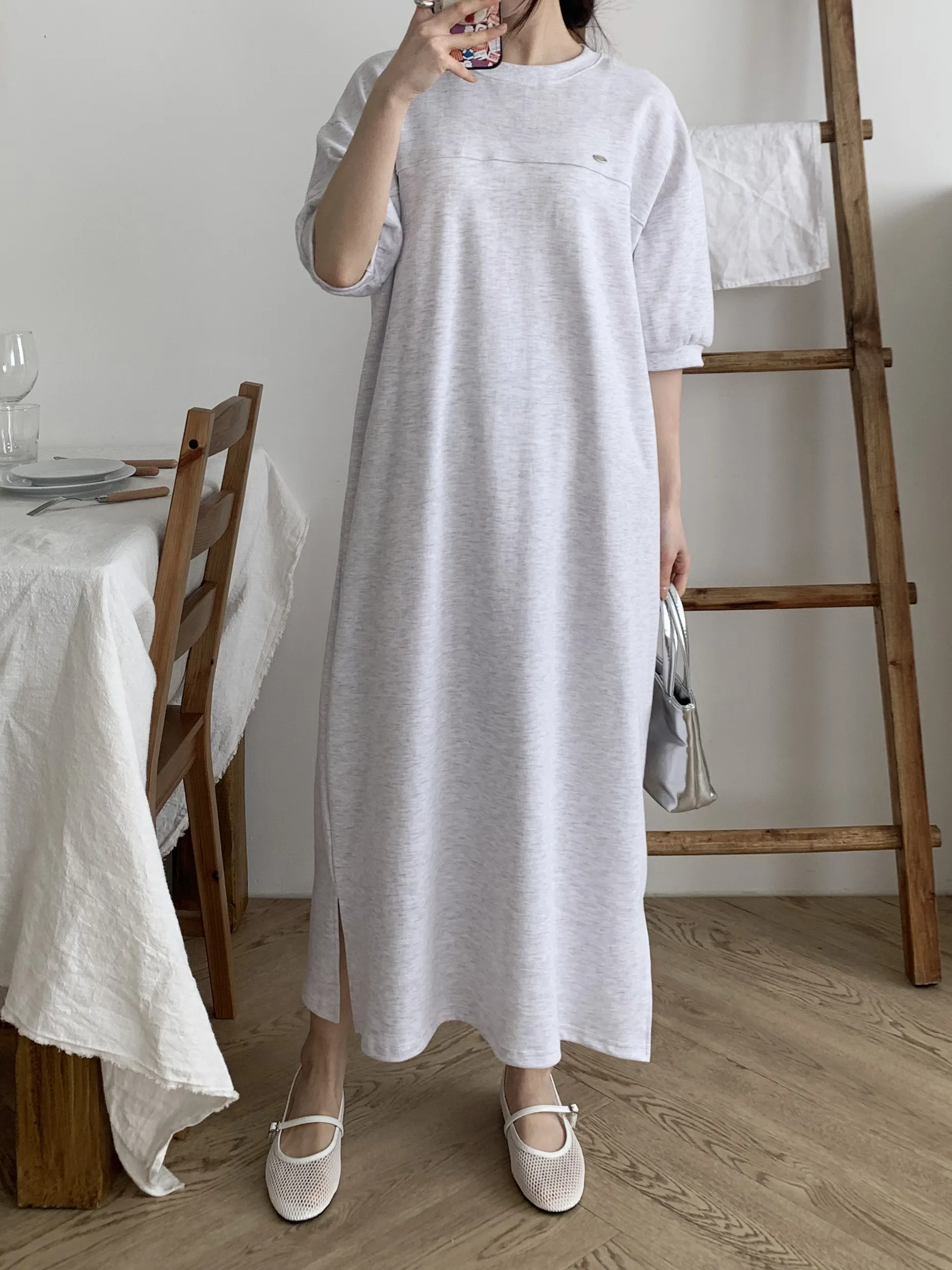 ラウンドネックロングルーズ半袖ペンダントワンピース | 詳細画像1